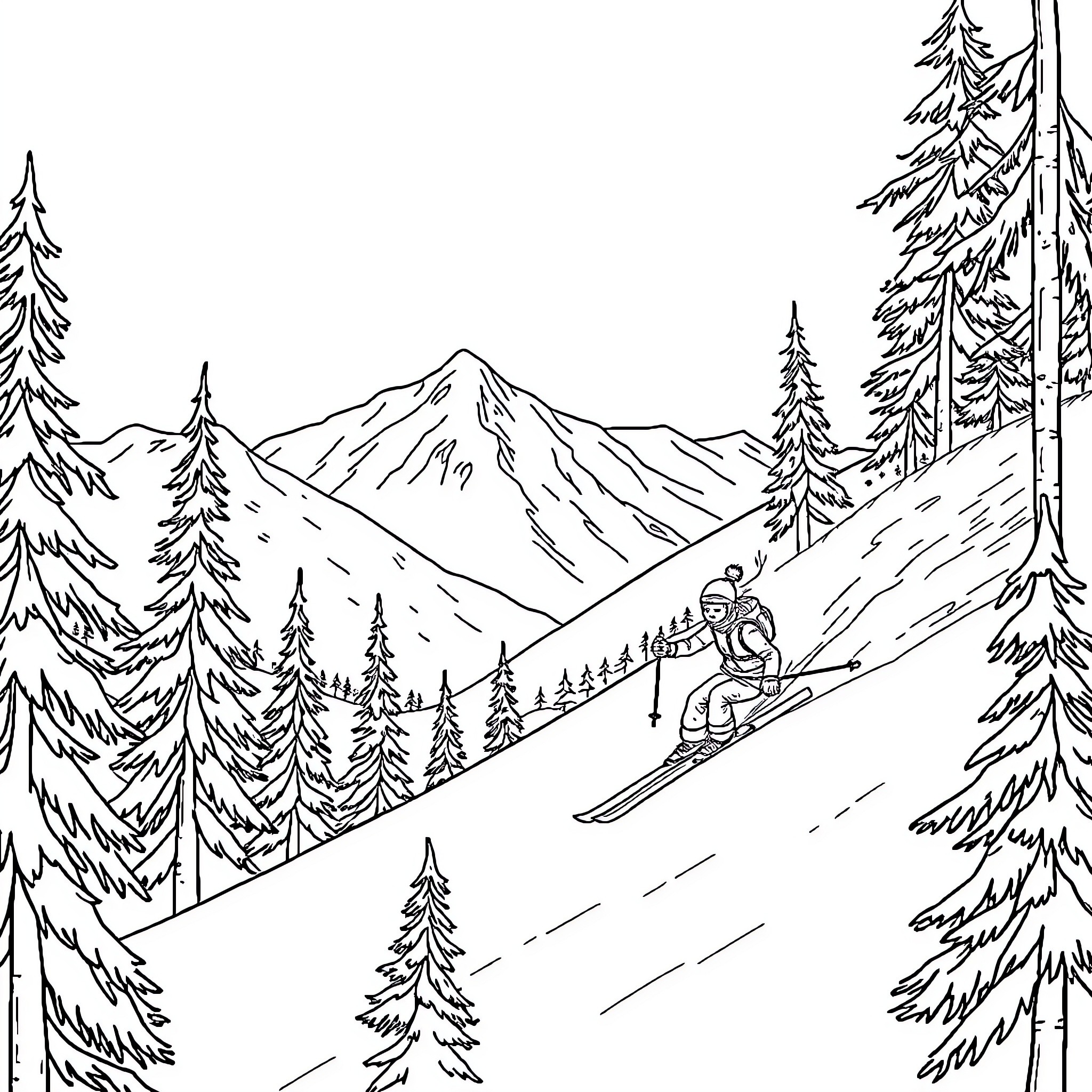 Skier gliding down snowy mountain slopes Coloring Page (free black-and-white line drawing printable PDF for all, from beginners to advanced learners, including children, teens, adults, and seniors)