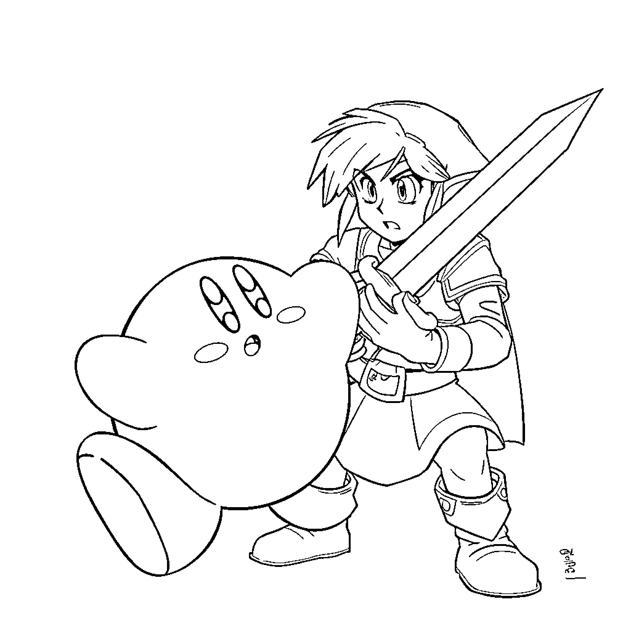 Kirby adventuring with a sword Coloring Page (free black-and-white line drawing printable PDF for all, from beginners to advanced learners, including children, teens, adults, and seniors)