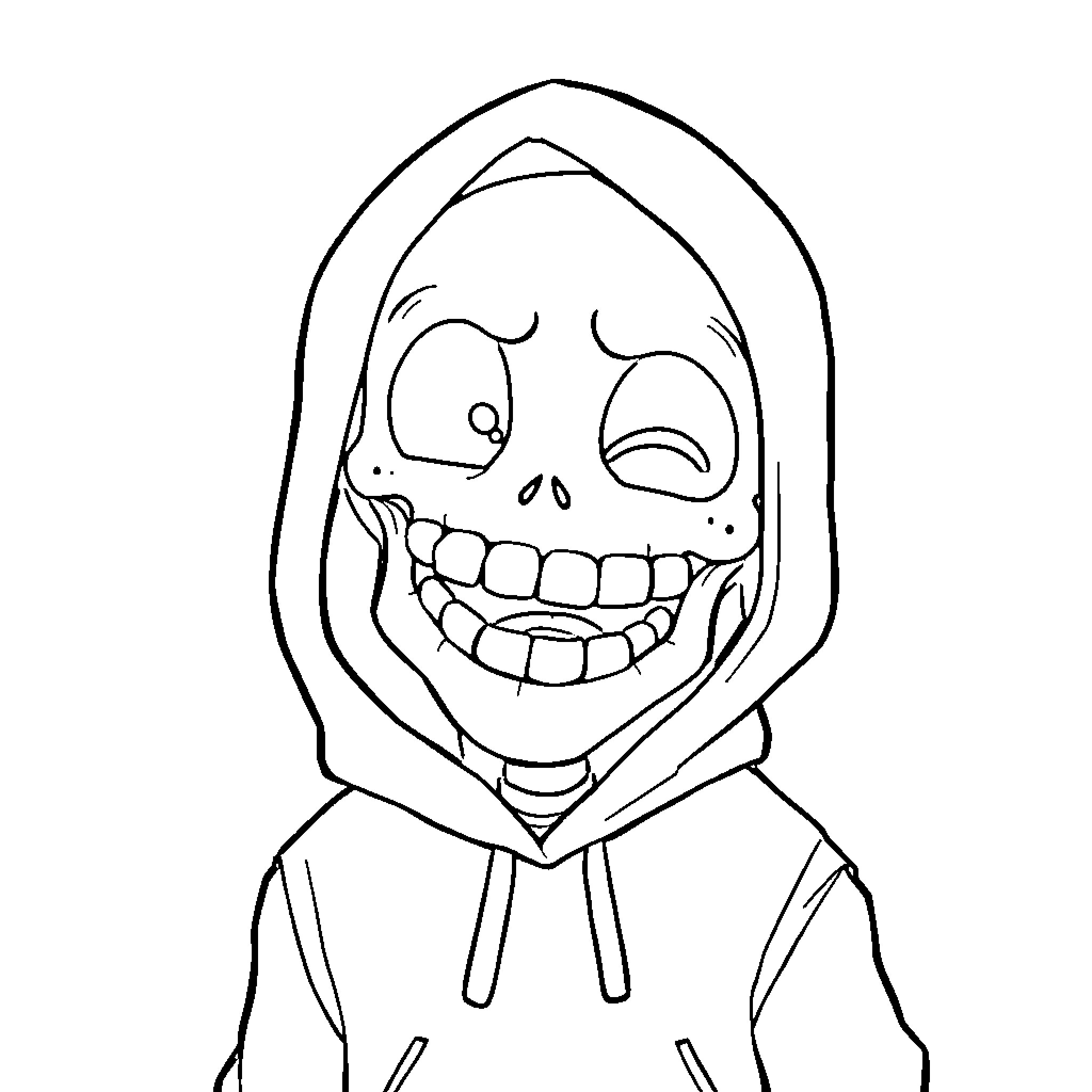 Sans Creepy Smiling Skeleton in Hoodie Coloring Page (free black-and-white line drawing printable PDF for all, from beginners to advanced learners, including children, teens, adults, and seniors)