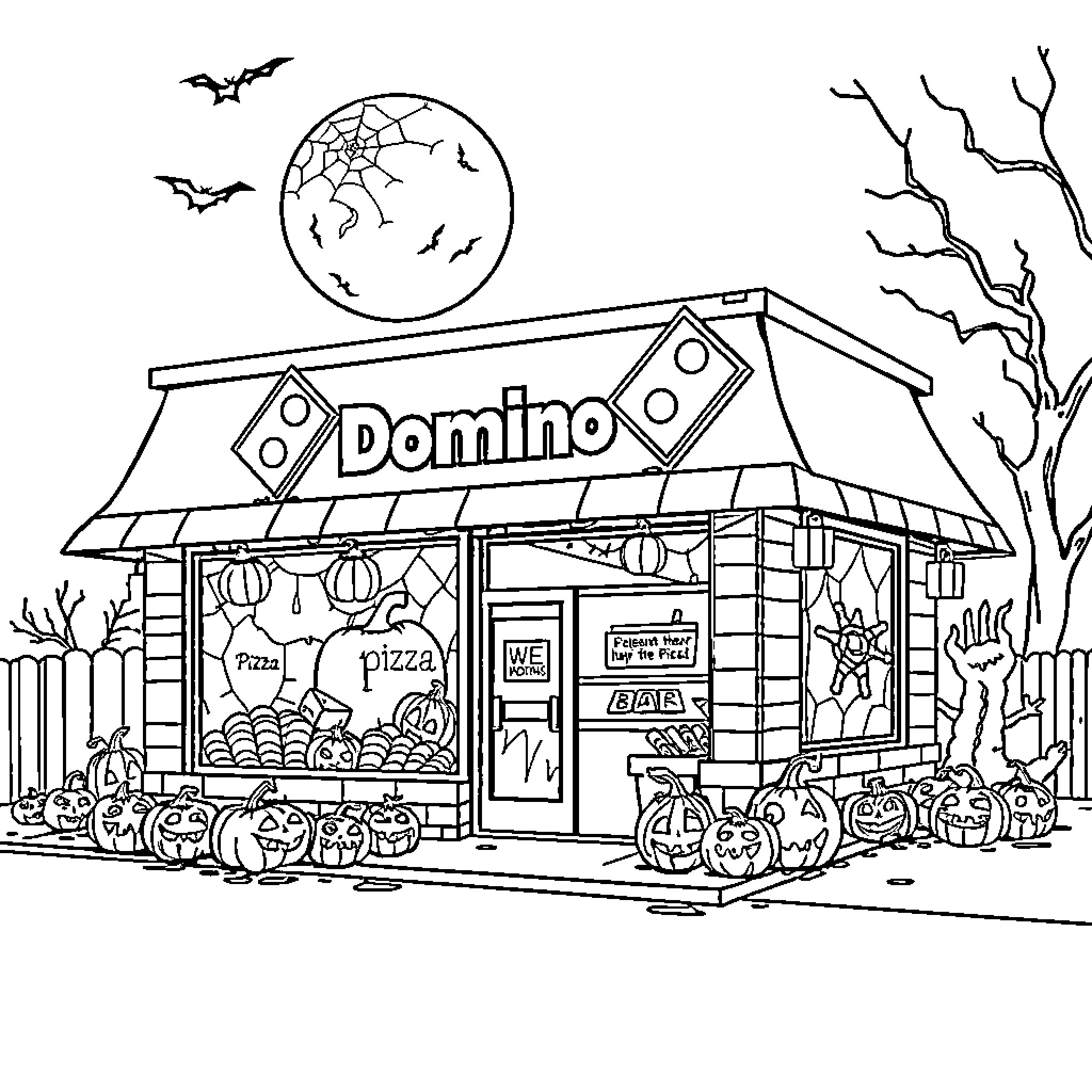 Pizza Delivery During Halloween Night Coloring Page (free black-and-white line drawing printable PDF for all, from beginners to advanced learners, including children, teens, adults, and seniors)