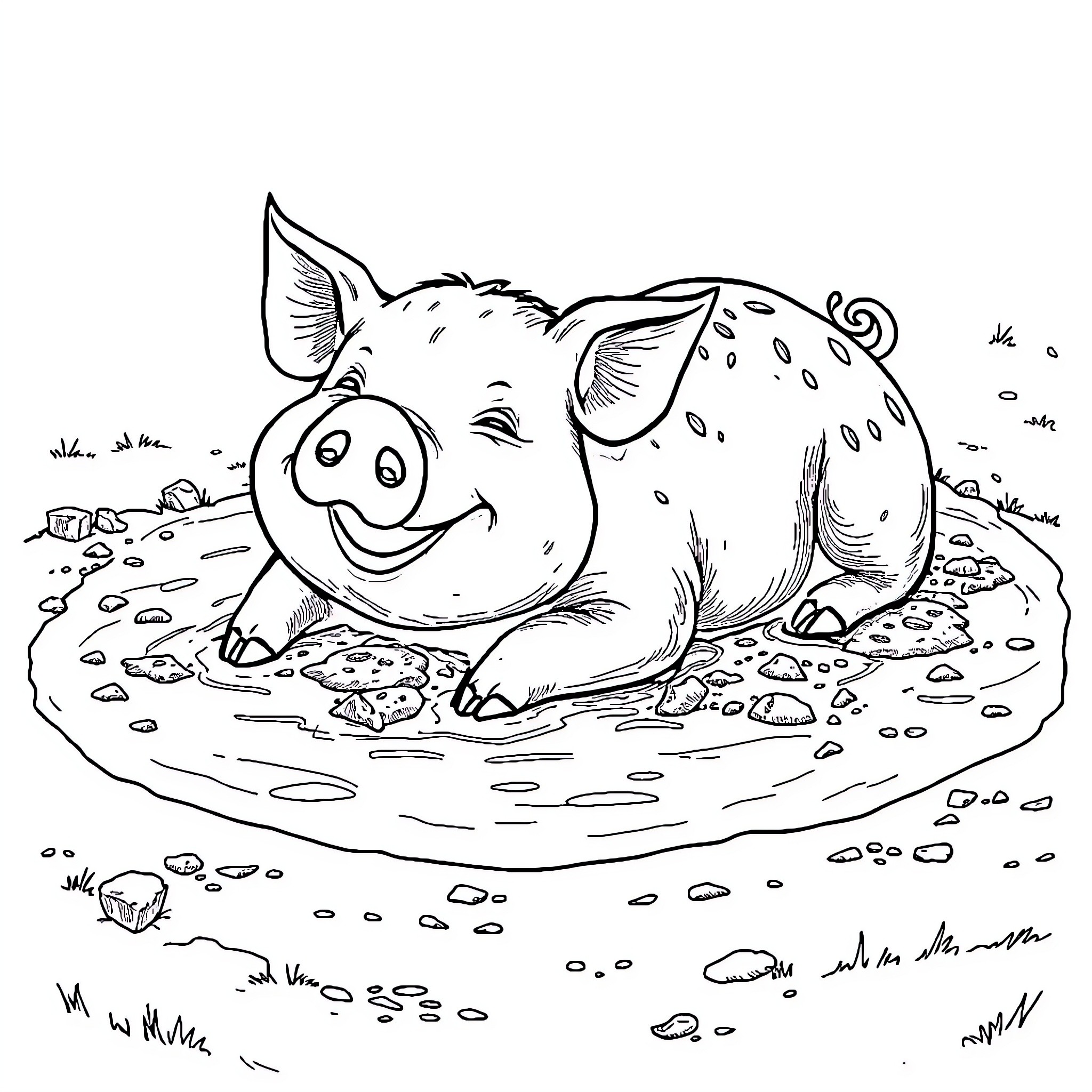 Pig playing happily in the mud Coloring Page (free black-and-white line drawing printable PDF for all, from beginners to advanced learners, including children, teens, adults, and seniors)