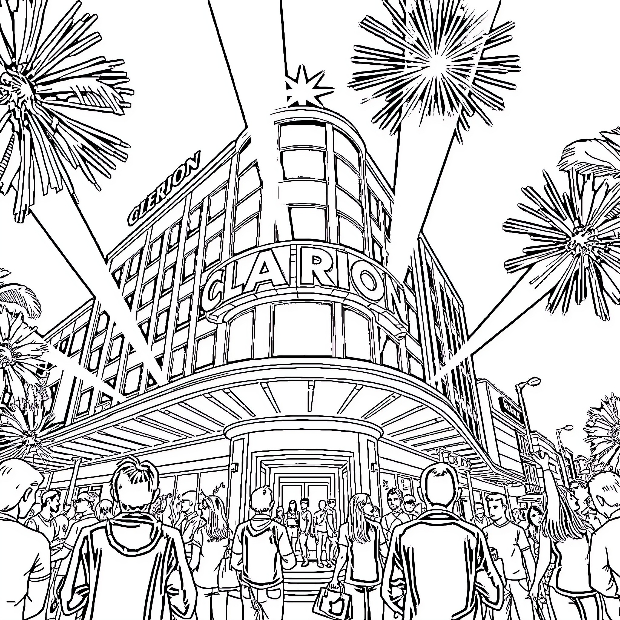 Hotel Clarion with Fireworks Celebration Coloring Page (free black-and-white line drawing printable PDF for all, from beginners to advanced learners, including children, teens, adults, and seniors)