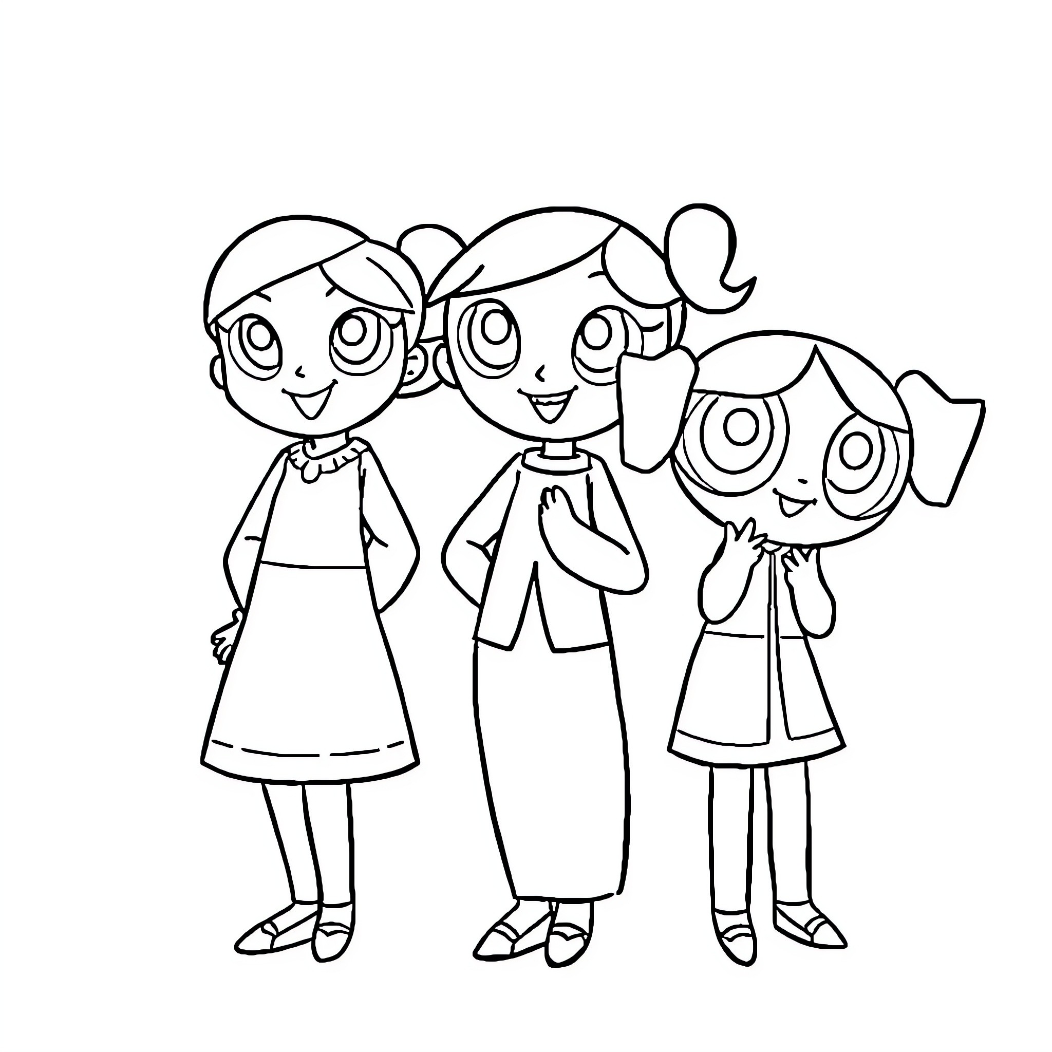 Powerpuff Girls cheerfully posing together Coloring Page (free black-and-white line drawing printable PDF for all, from beginners to advanced learners, including children, teens, adults, and seniors)