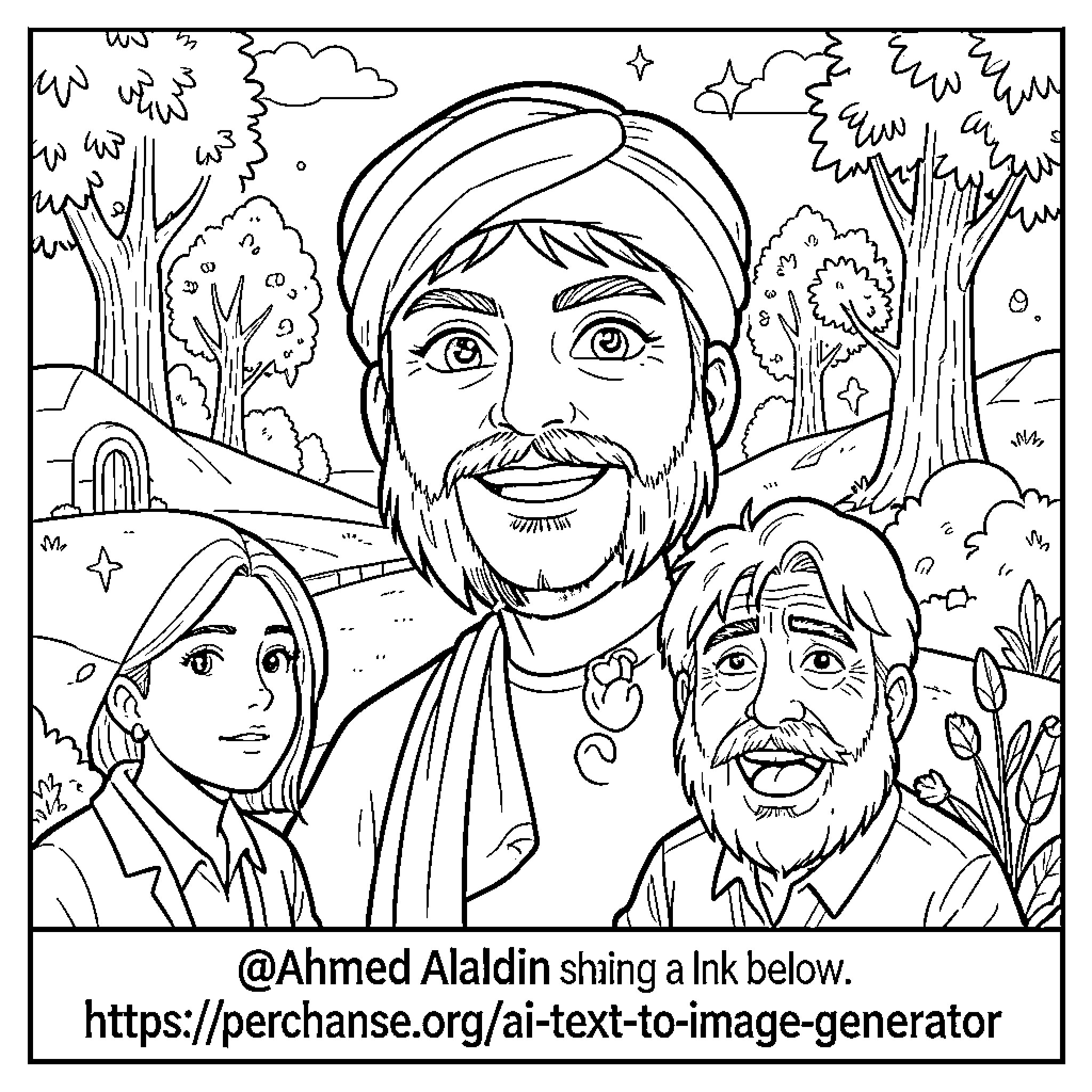 AI Text Image Generator Smiling People in a Forest Scene Coloring Page (free black-and-white line drawing printable PDF for all, from beginners to advanced learners, including children, teens, adults, and seniors)