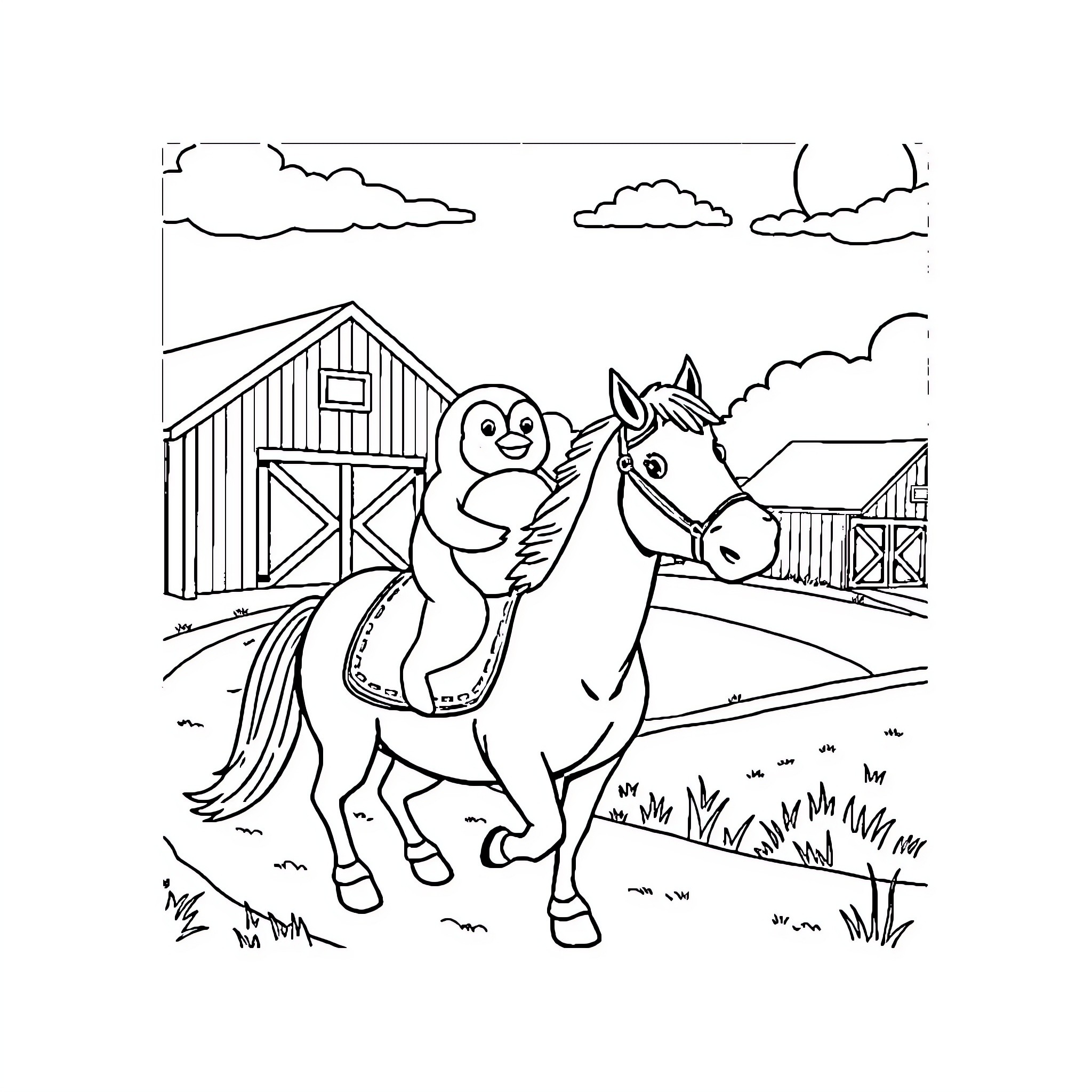 Penguin riding a horse on a farm Coloring Page (free black-and-white line drawing printable PDF for all, from beginners to advanced learners, including children, teens, adults, and seniors)