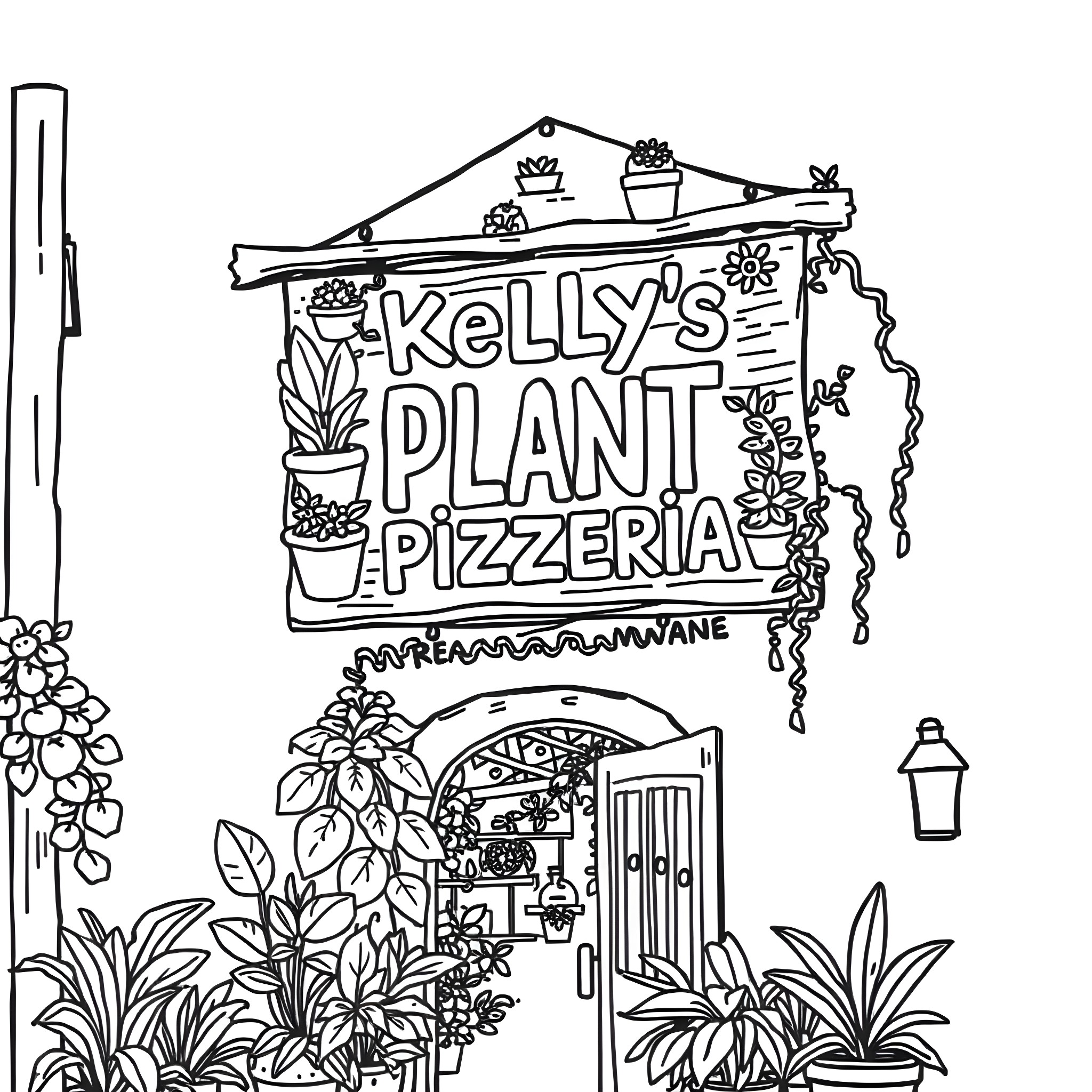 Sign for Kelly's Plant Pizzeria with floral decorations Coloring Page (free black-and-white line drawing printable PDF for all, from beginners to advanced learners, including children, teens, adults, and seniors)