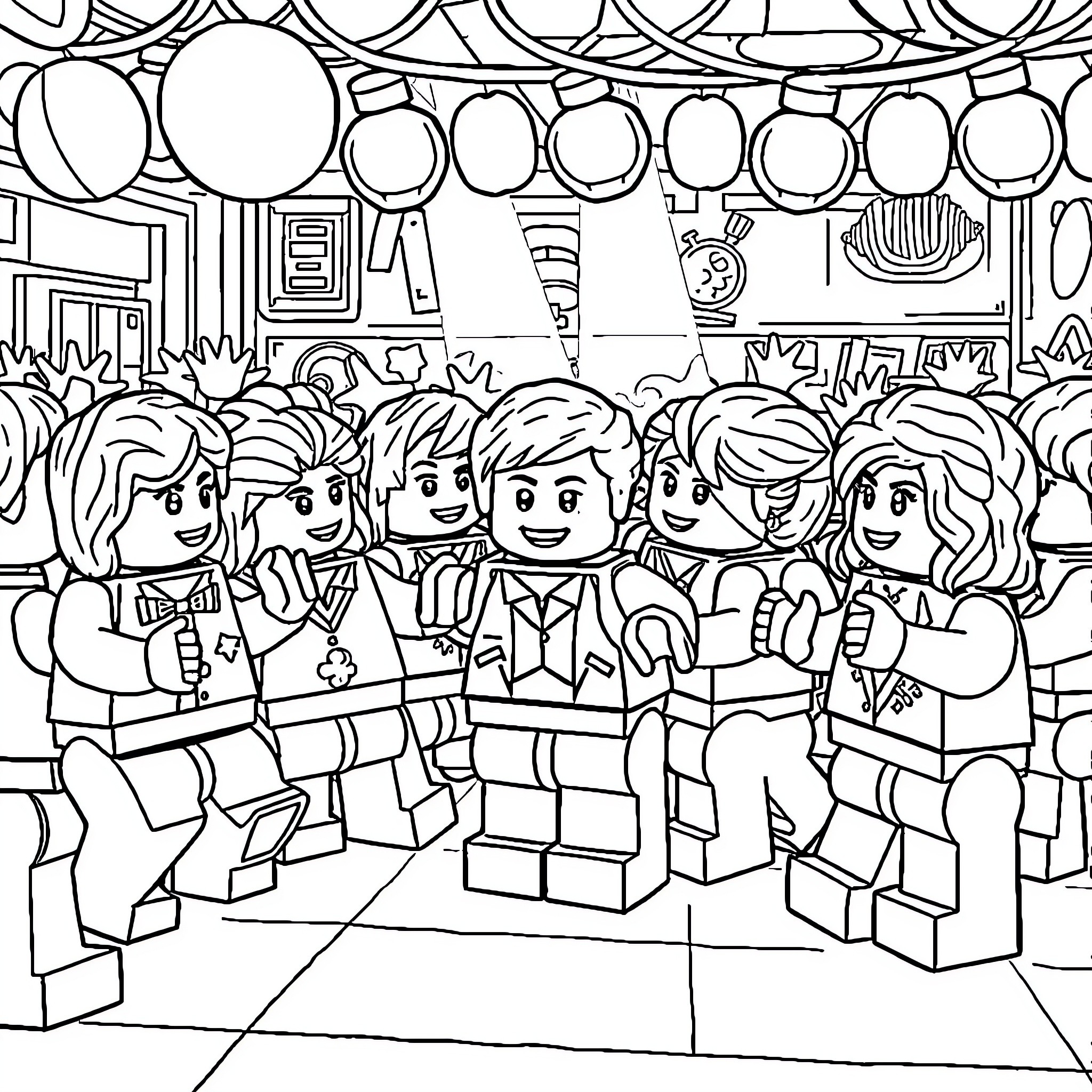 LEGO Minifigures celebrating a party together Coloring Page (free black-and-white line drawing printable PDF for all, from beginners to advanced learners, including children, teens, adults, and seniors)