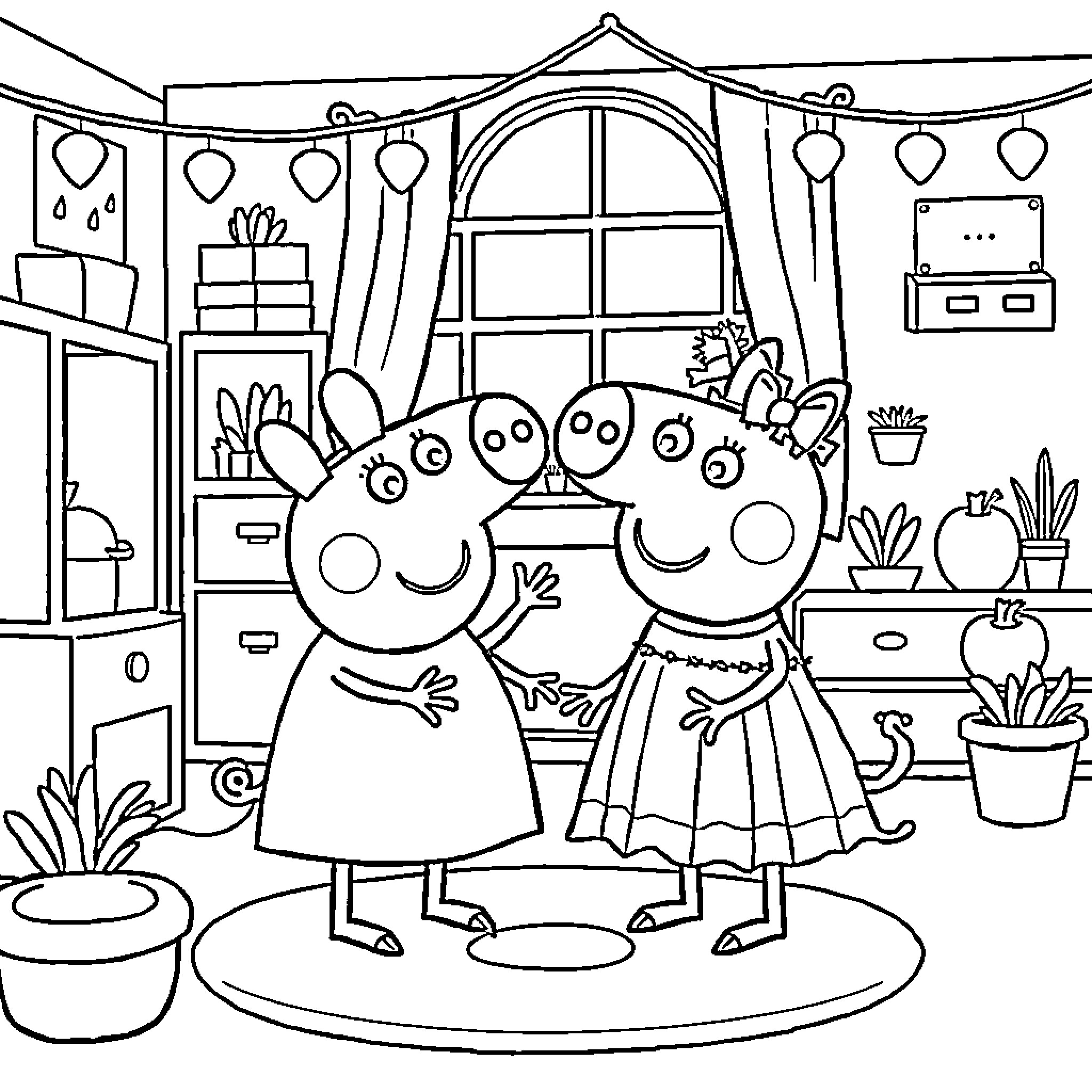 Peppa Pig and friends in a cozy indoor setting Coloring Page (free black-and-white line drawing printable PDF for all, from beginners to advanced learners, including children, teens, adults, and seniors)