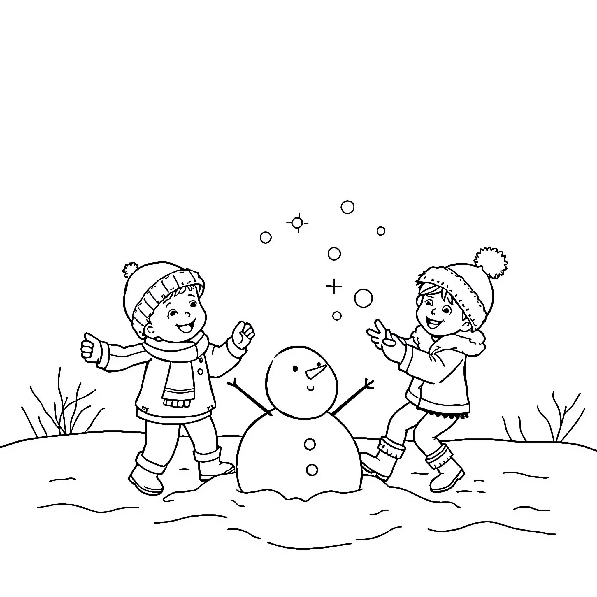 Child building snowman with friend in winter Coloring Page (free black-and-white line drawing printable PDF for all, from beginners to advanced learners, including children, teens, adults, and seniors)