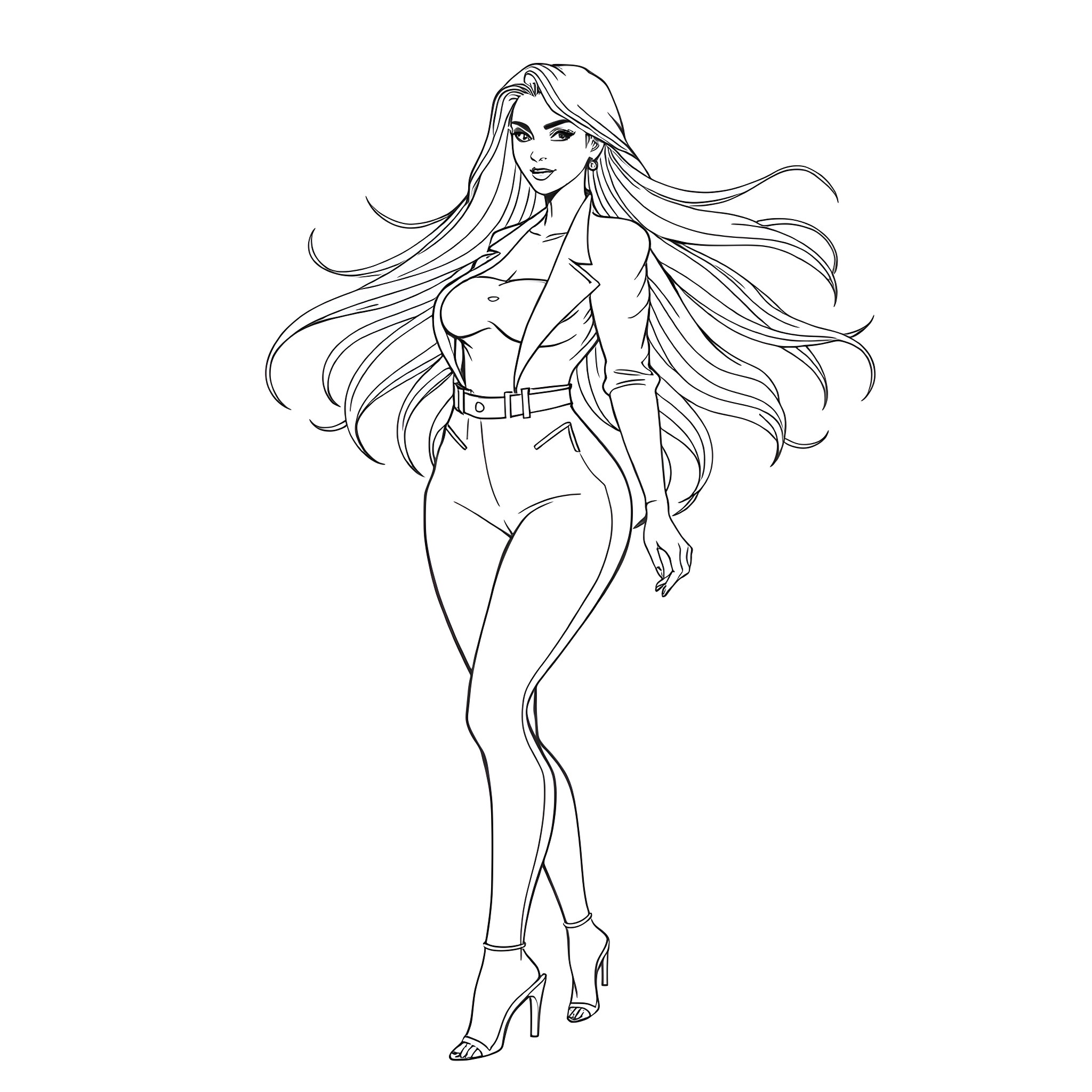 Woman in flowing outfit with long hair Coloring Page (free black-and-white line drawing printable PDF for all, from beginners to advanced learners, including children, teens, adults, and seniors)