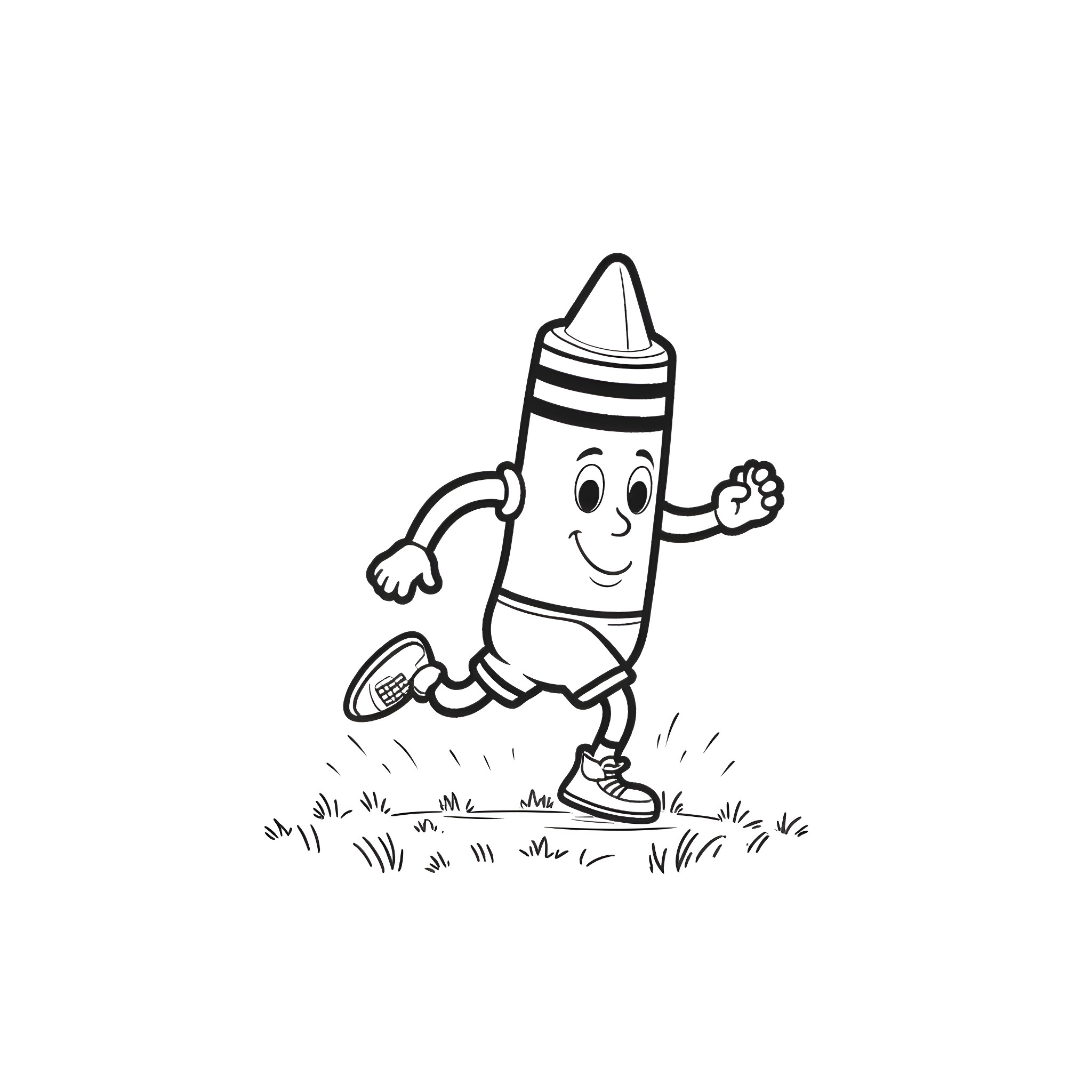 Crayon character happily running in nature Coloring Page (free black-and-white line drawing printable PDF for all, from beginners to advanced learners, including children, teens, adults, and seniors)