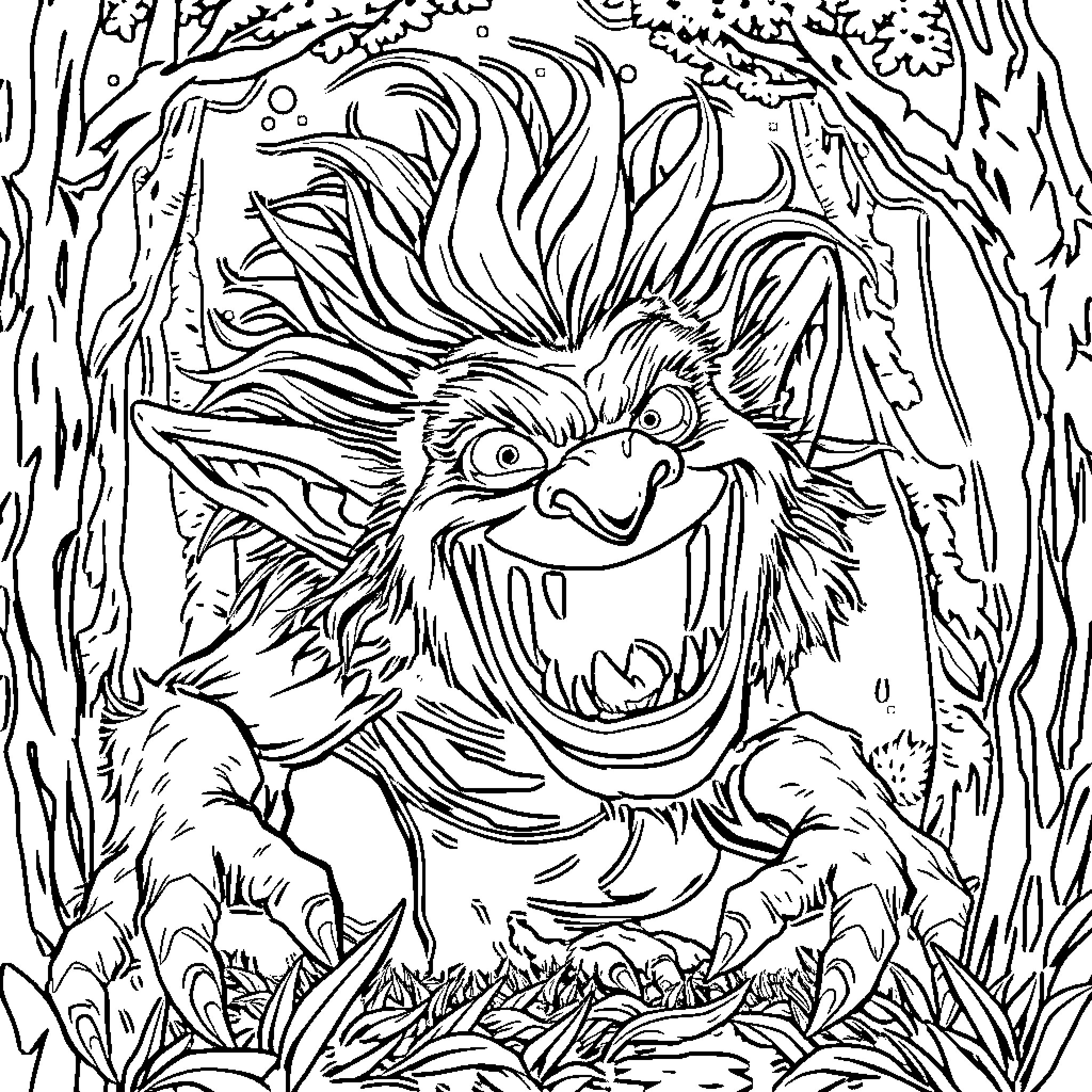 Troll Creature Lurking in the Enchanted Forest Coloring Page (free black-and-white line drawing printable PDF for all, from beginners to advanced learners, including children, teens, adults, and seniors)