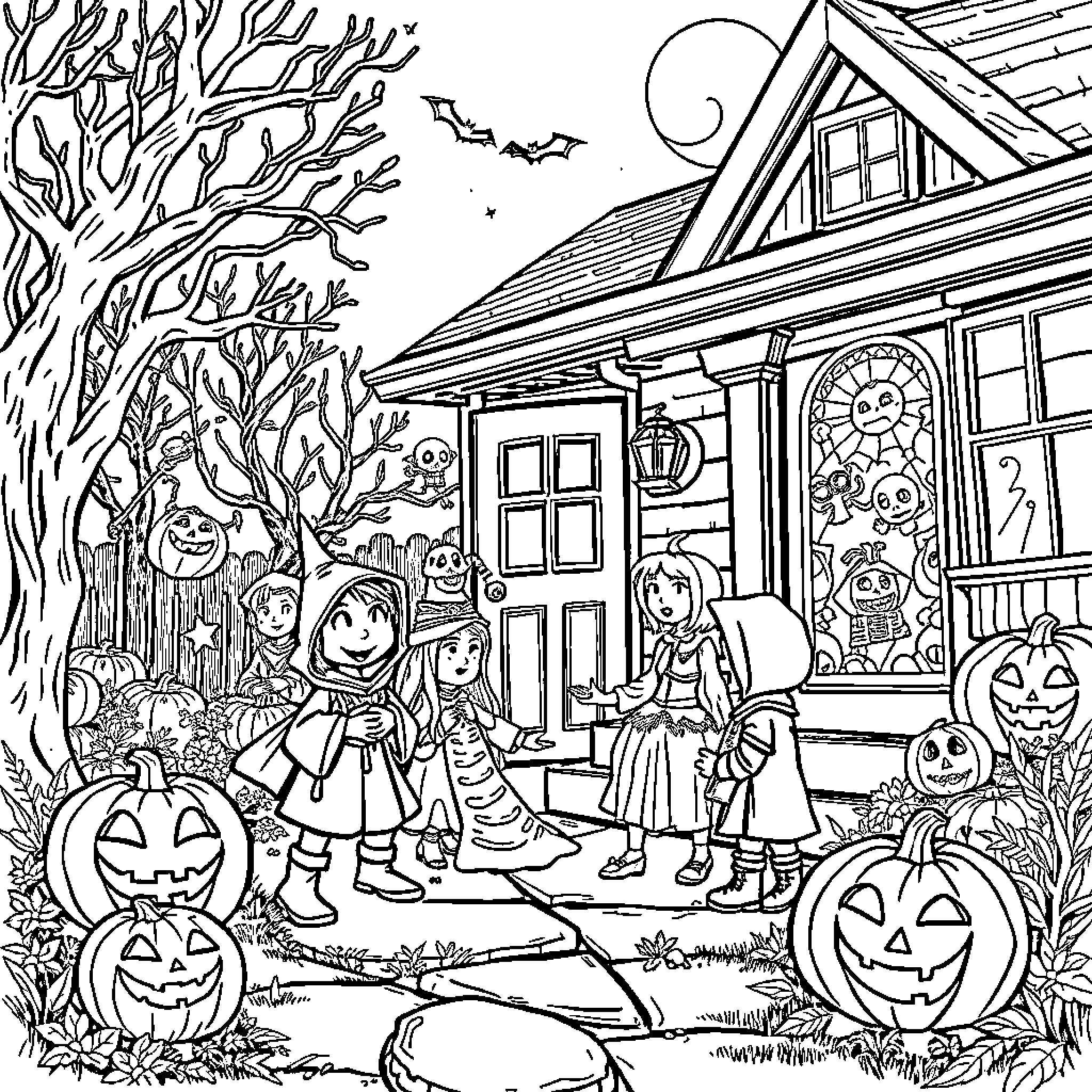 Halloween celebrations in front of a haunted house Coloring Page (free black-and-white line drawing printable PDF for all, from beginners to advanced learners, including children, teens, adults, and seniors)