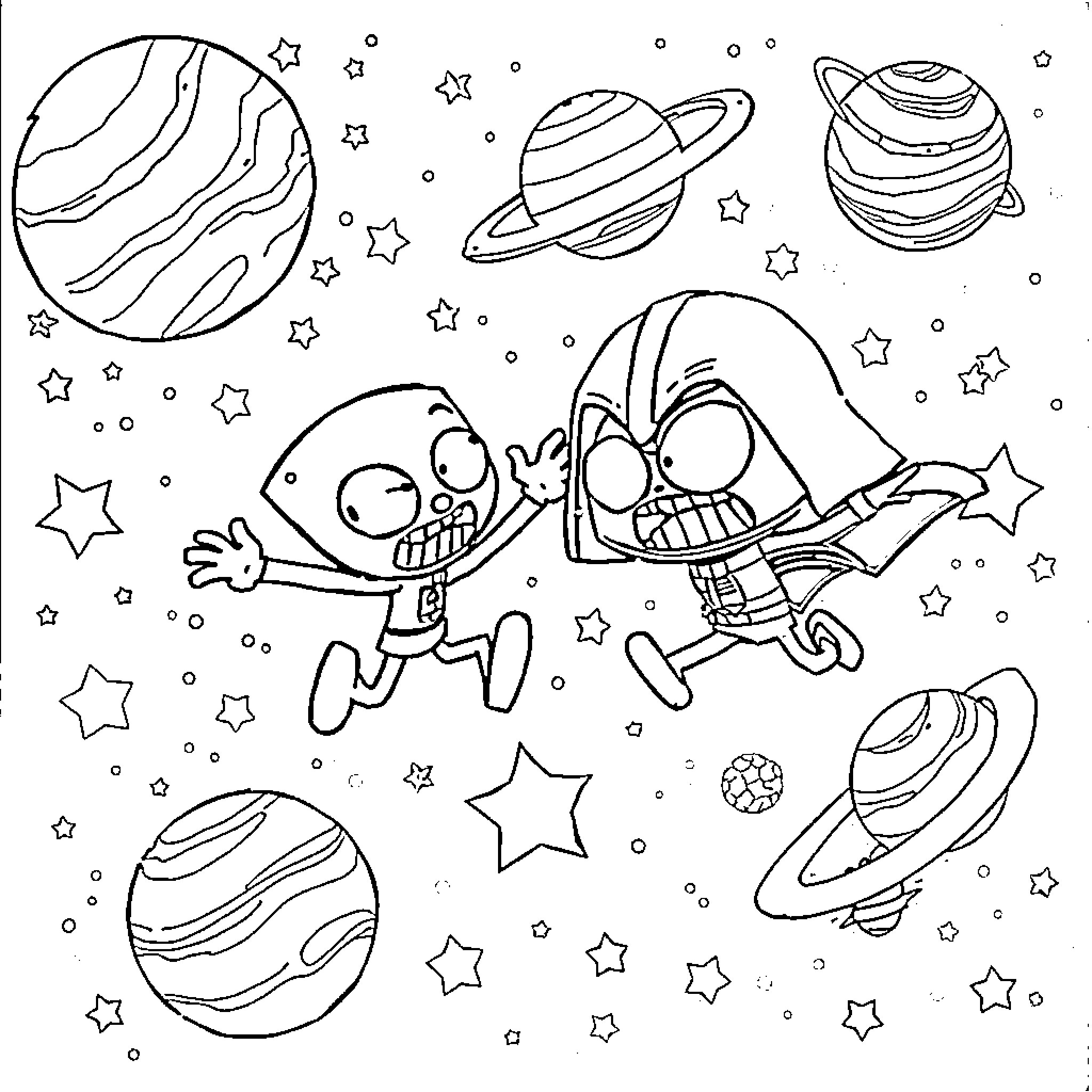Invader Zim exploring the cosmic universe Coloring Page (free black-and-white line drawing printable PDF for all, from beginners to advanced learners, including children, teens, adults, and seniors)