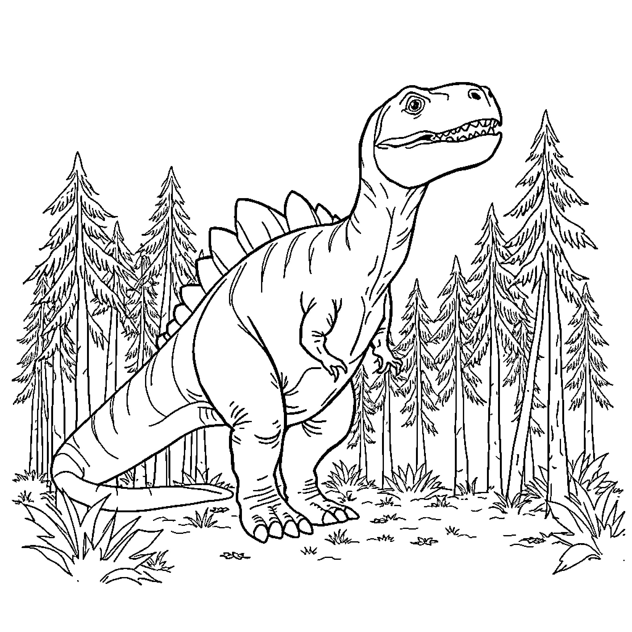 Dinosaur exploring the forest landscape Coloring Page (free black-and-white line drawing printable PDF for all, from beginners to advanced learners, including children, teens, adults, and seniors)