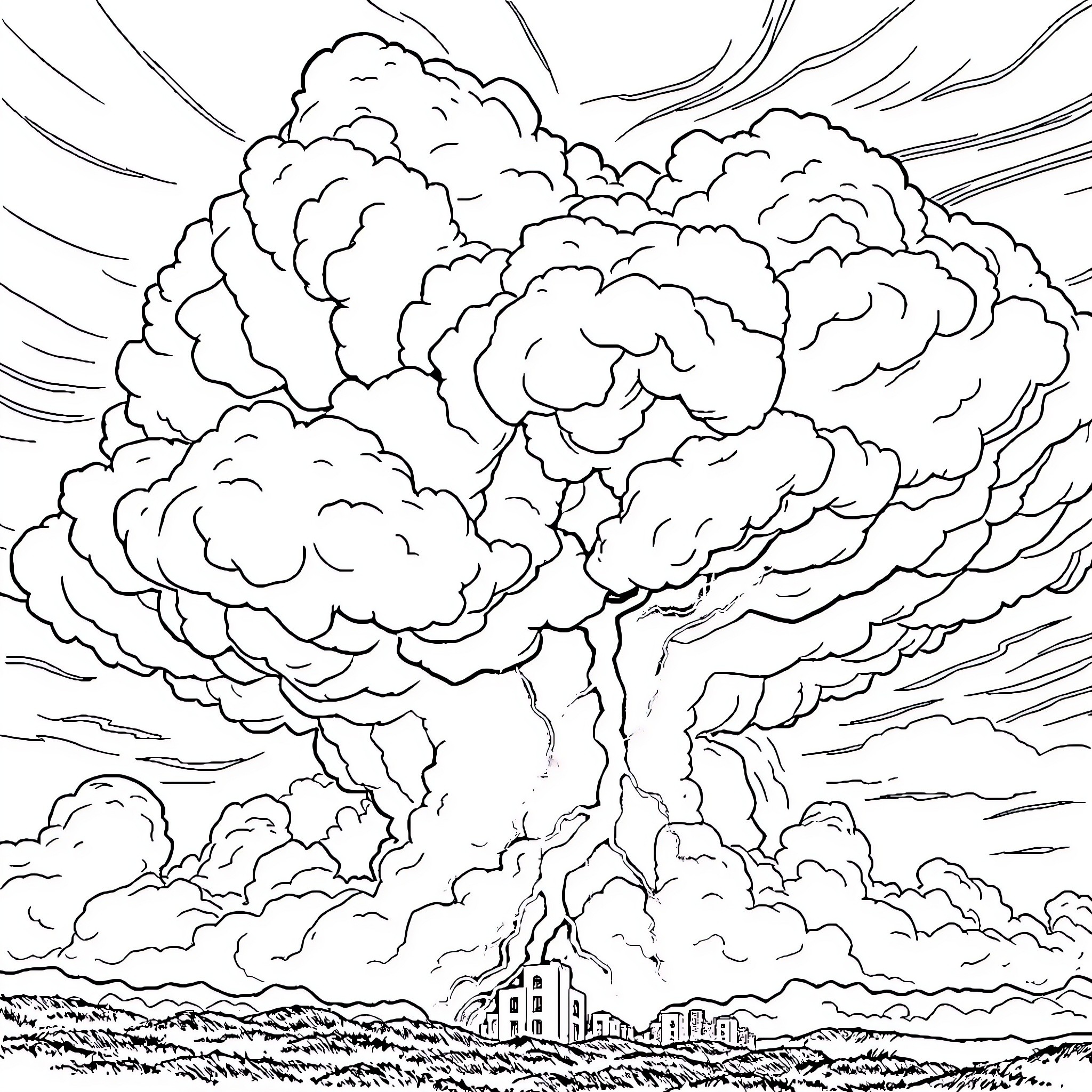 Thundercloud over the city skyline Coloring Page (free black-and-white line drawing printable PDF for all, from beginners to advanced learners, including children, teens, adults, and seniors)