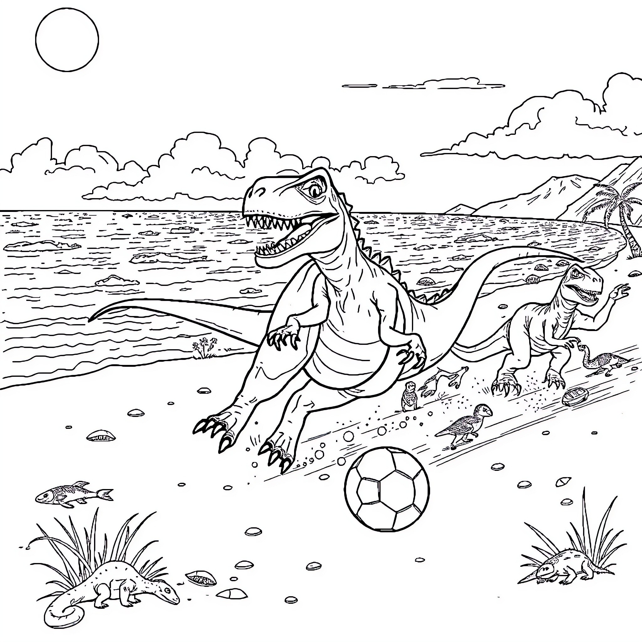 Dinosaurs playing with soccer ball on the beach Coloring Page (free black-and-white line drawing printable PDF for all, from beginners to advanced learners, including children, teens, adults, and seniors)