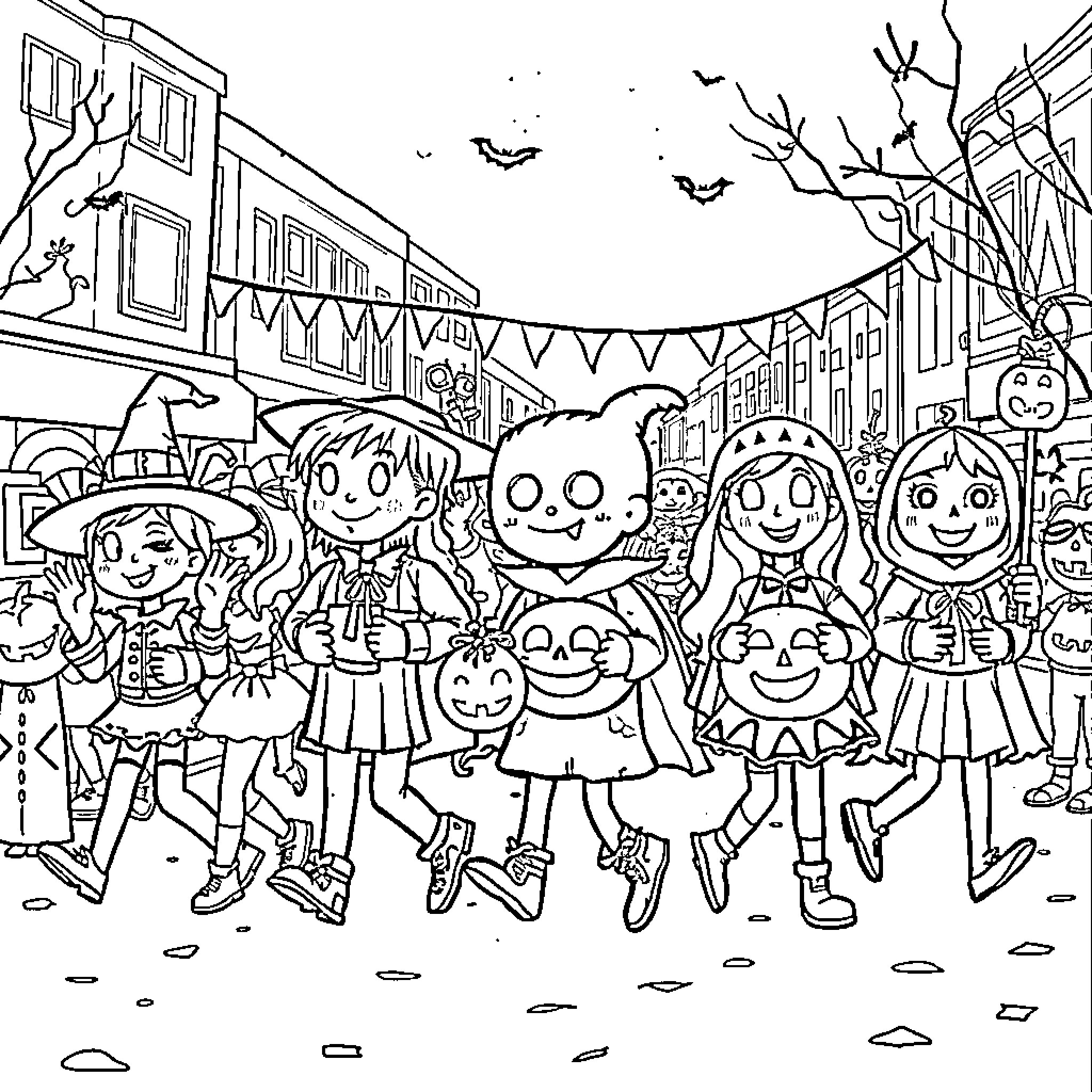 Halloween celebration with characters in costumes Coloring Page (free black-and-white line drawing printable PDF for all, from beginners to advanced learners, including children, teens, adults, and seniors)