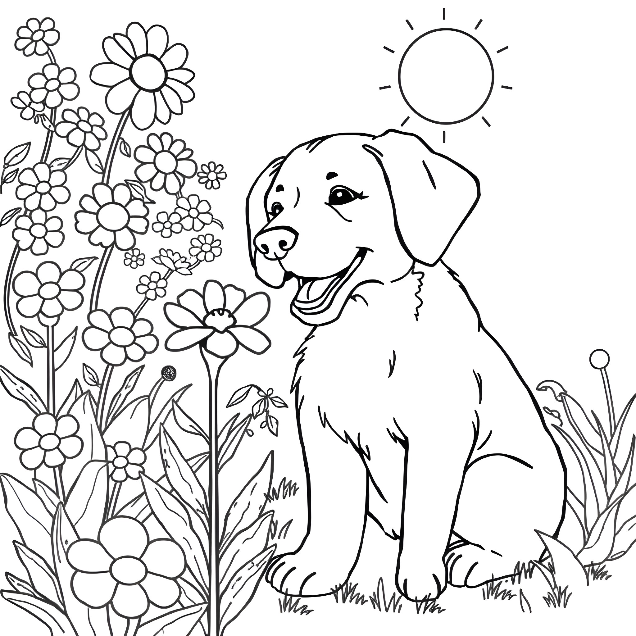 Dog surrounded by flowers on a sunny day Coloring Page (free black-and-white line drawing printable PDF for all, from beginners to advanced learners, including children, teens, adults, and seniors)