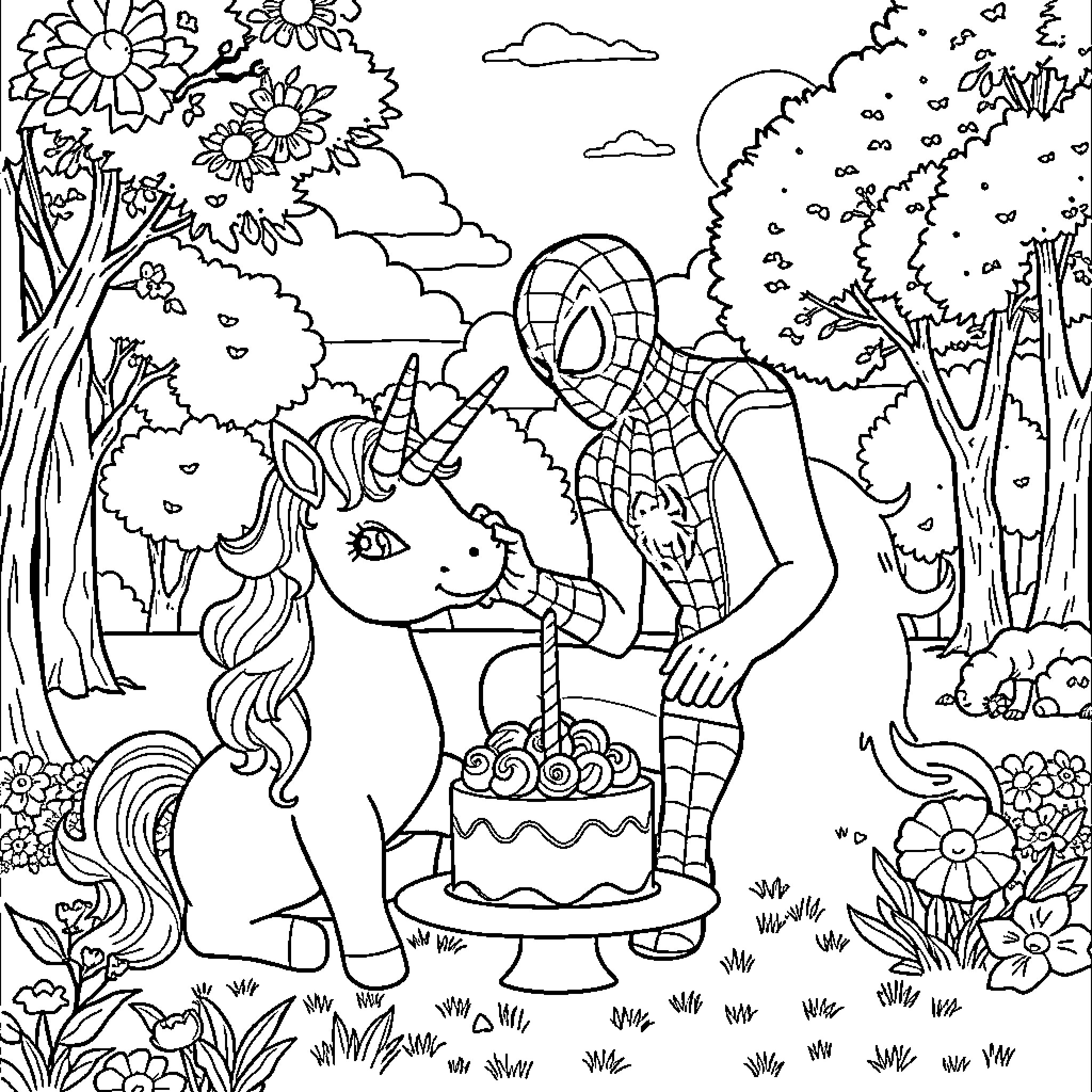 Spiderman celebrating a unicorn's birthday in a magical forest Coloring Page (free black-and-white line drawing printable PDF for all, from beginners to advanced learners, including children, teens, adults, and seniors)