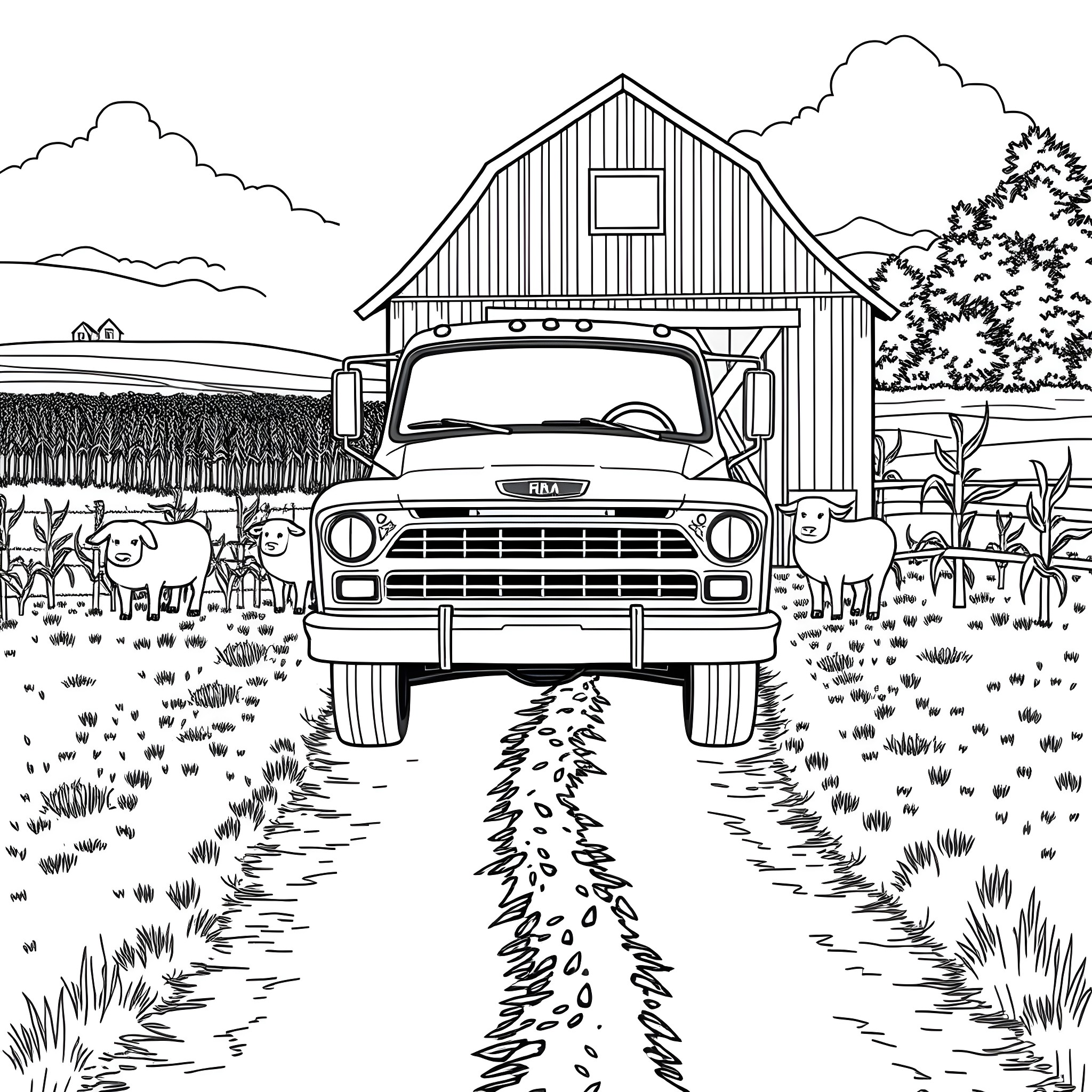 Truck driving on rural dirt road towards barn Coloring Page (free black-and-white line drawing printable PDF for all, from beginners to advanced learners, including children, teens, adults, and seniors)