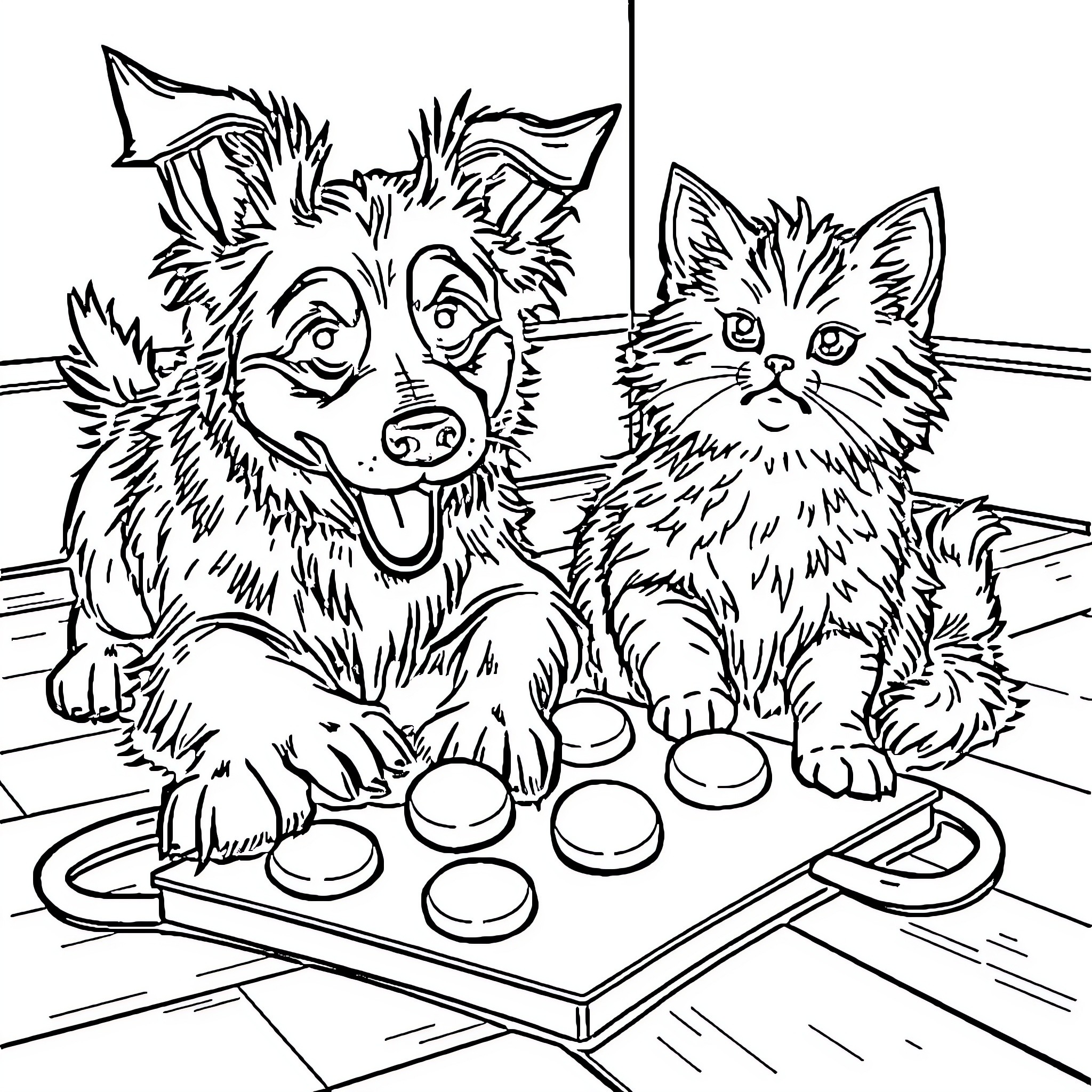 Dog and Cat Playing Checkers Coloring Page (free black-and-white line drawing printable PDF for all, from beginners to advanced learners, including children, teens, adults, and seniors)