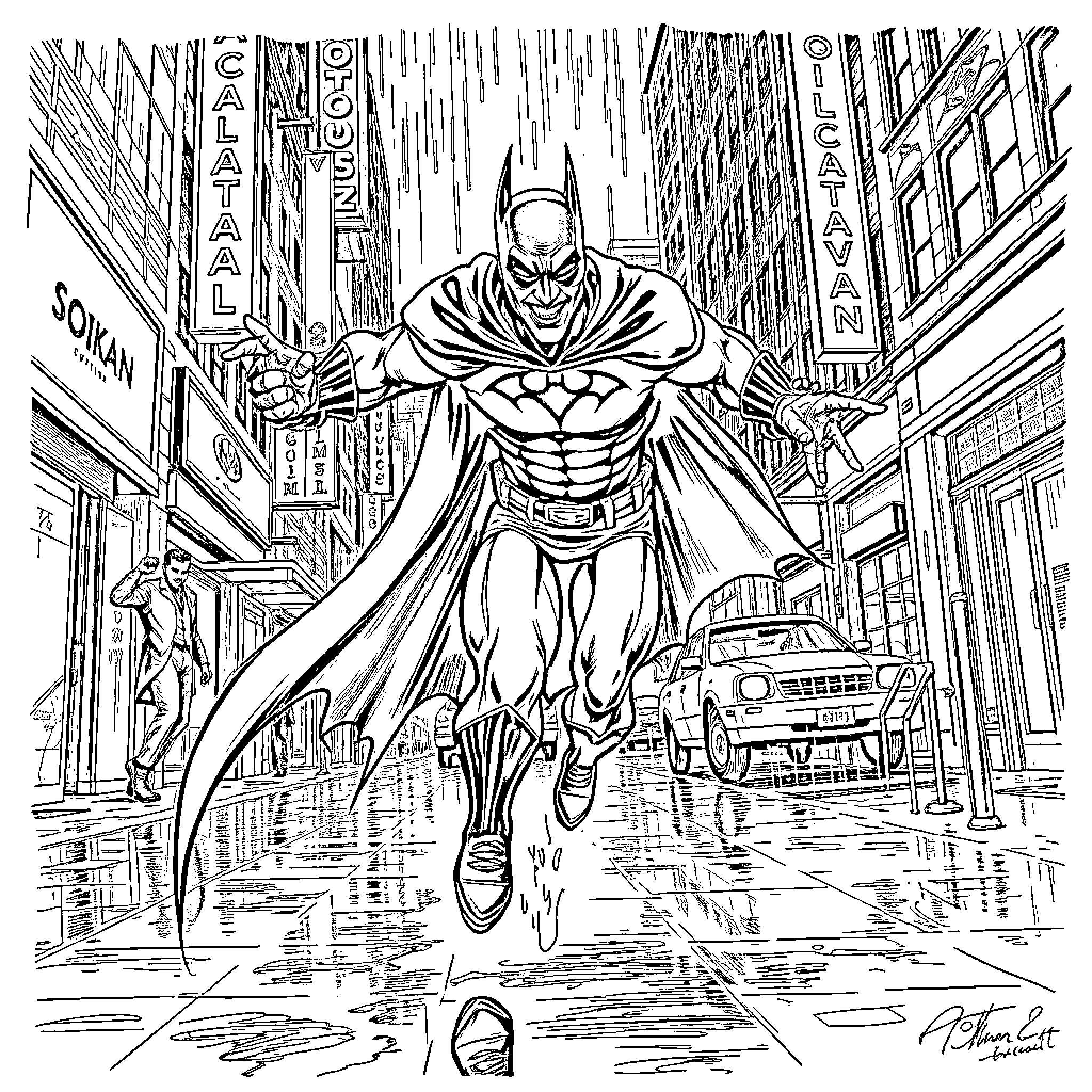 Batman Soaring Over the City Streets Coloring Page (free black-and-white line drawing printable PDF for all, from beginners to advanced learners, including children, teens, adults, and seniors)