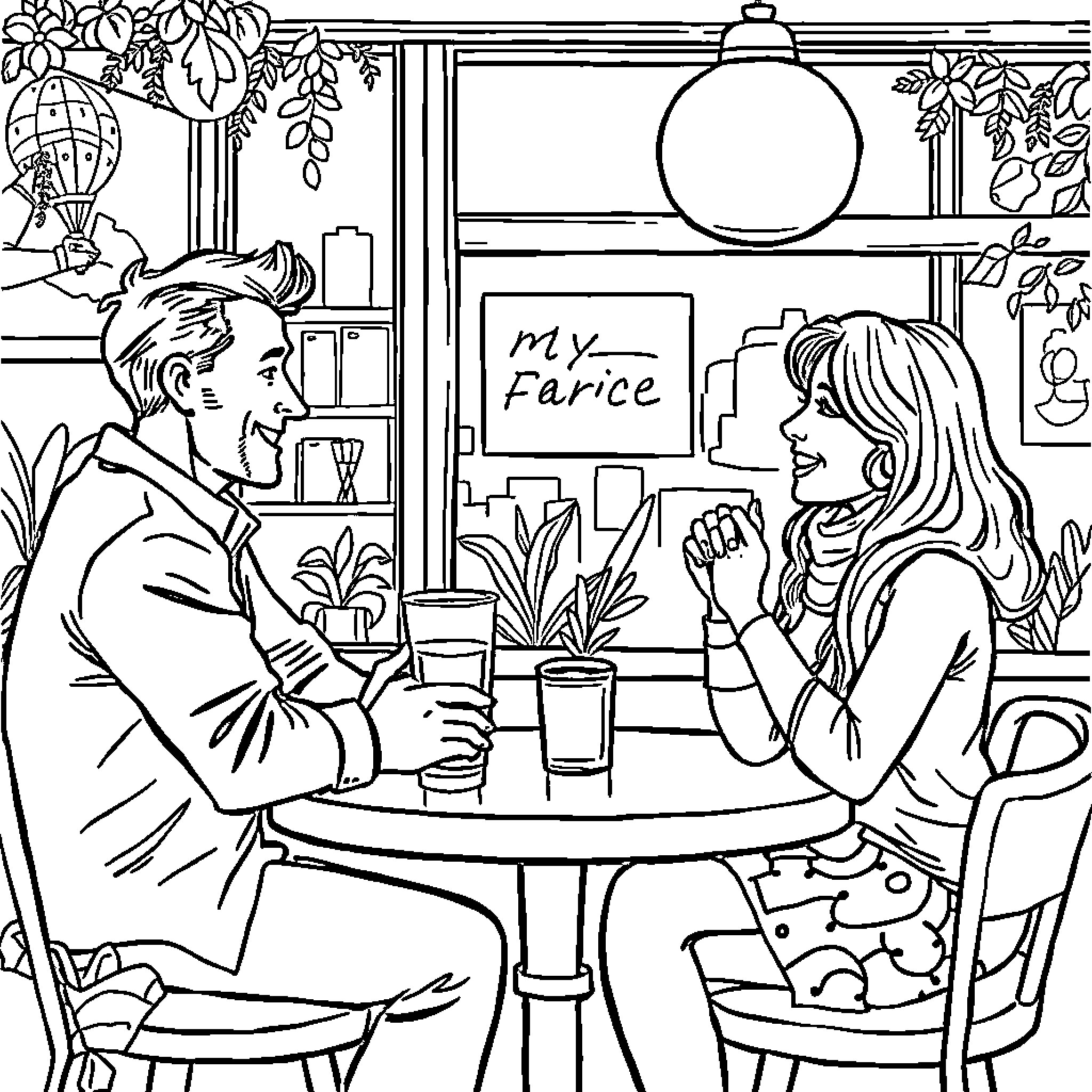 Cat-themed Cafe Conversation Coloring Page (free black-and-white line drawing printable PDF for all, from beginners to advanced learners, including children, teens, adults, and seniors)