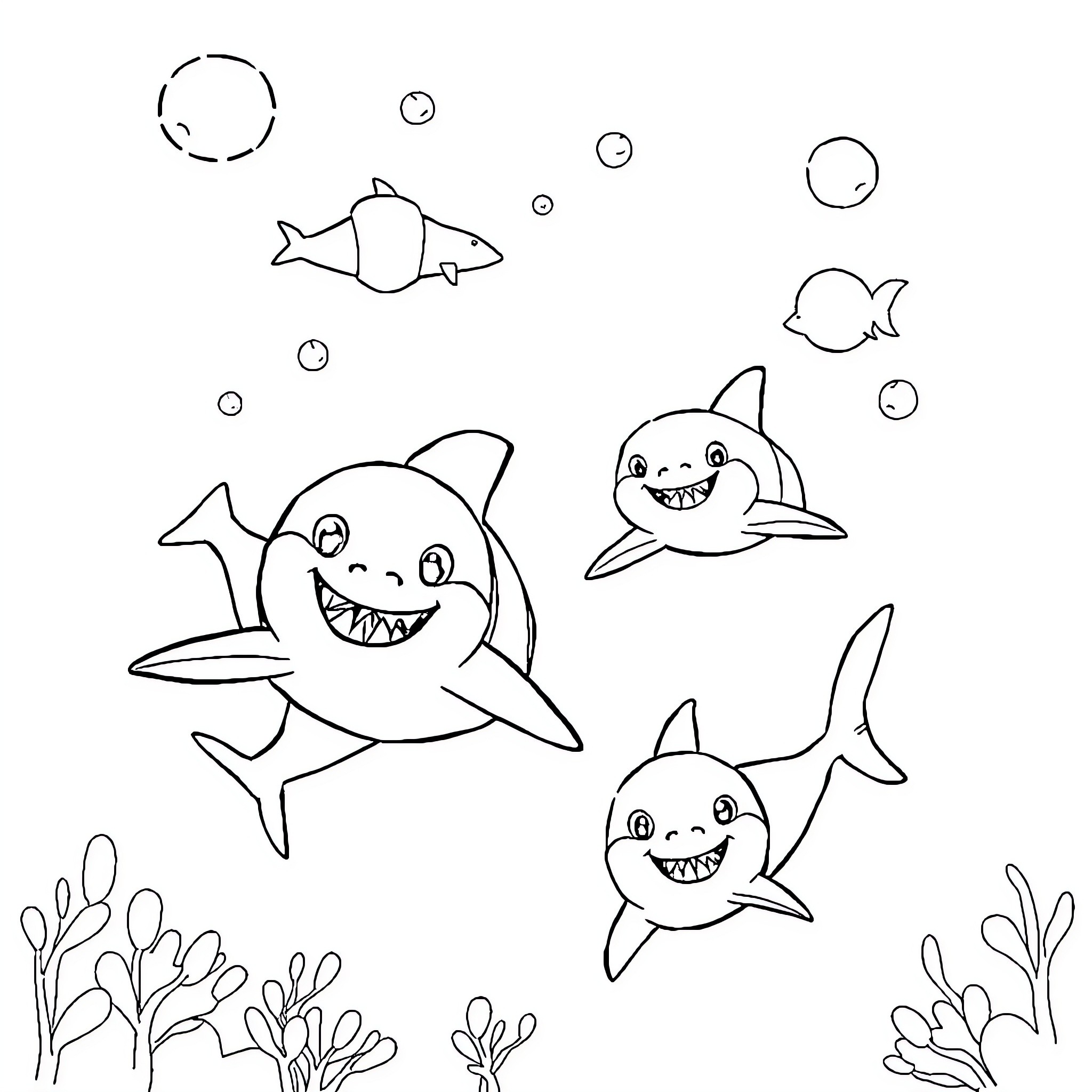 Shark friends swimming happily underwater Coloring Page (free black-and-white line drawing printable PDF for all, from beginners to advanced learners, including children, teens, adults, and seniors)