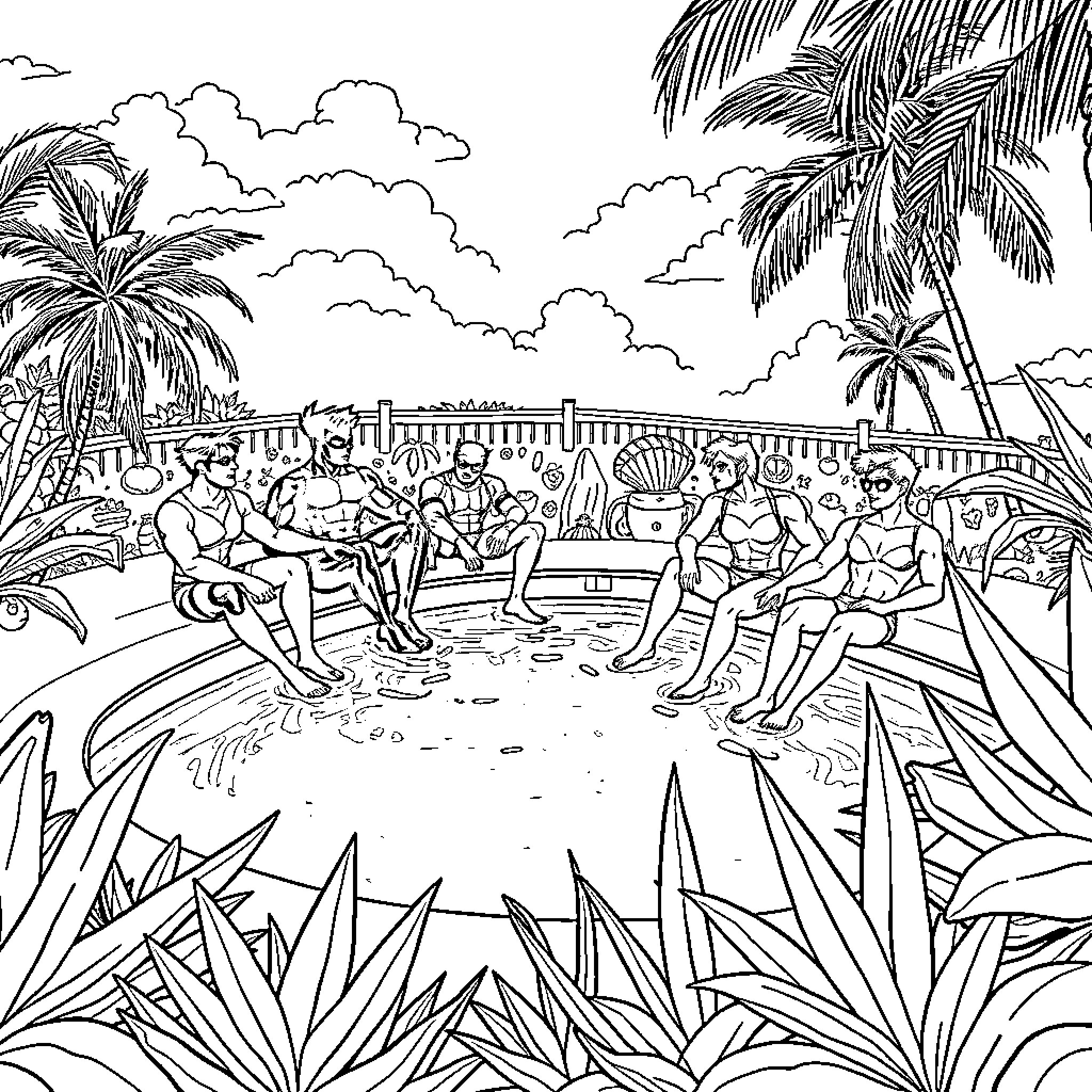 X-Men Relaxing on the Beach with Palm Trees Coloring Page (free black-and-white line drawing printable PDF for all, from beginners to advanced learners, including children, teens, adults, and seniors)