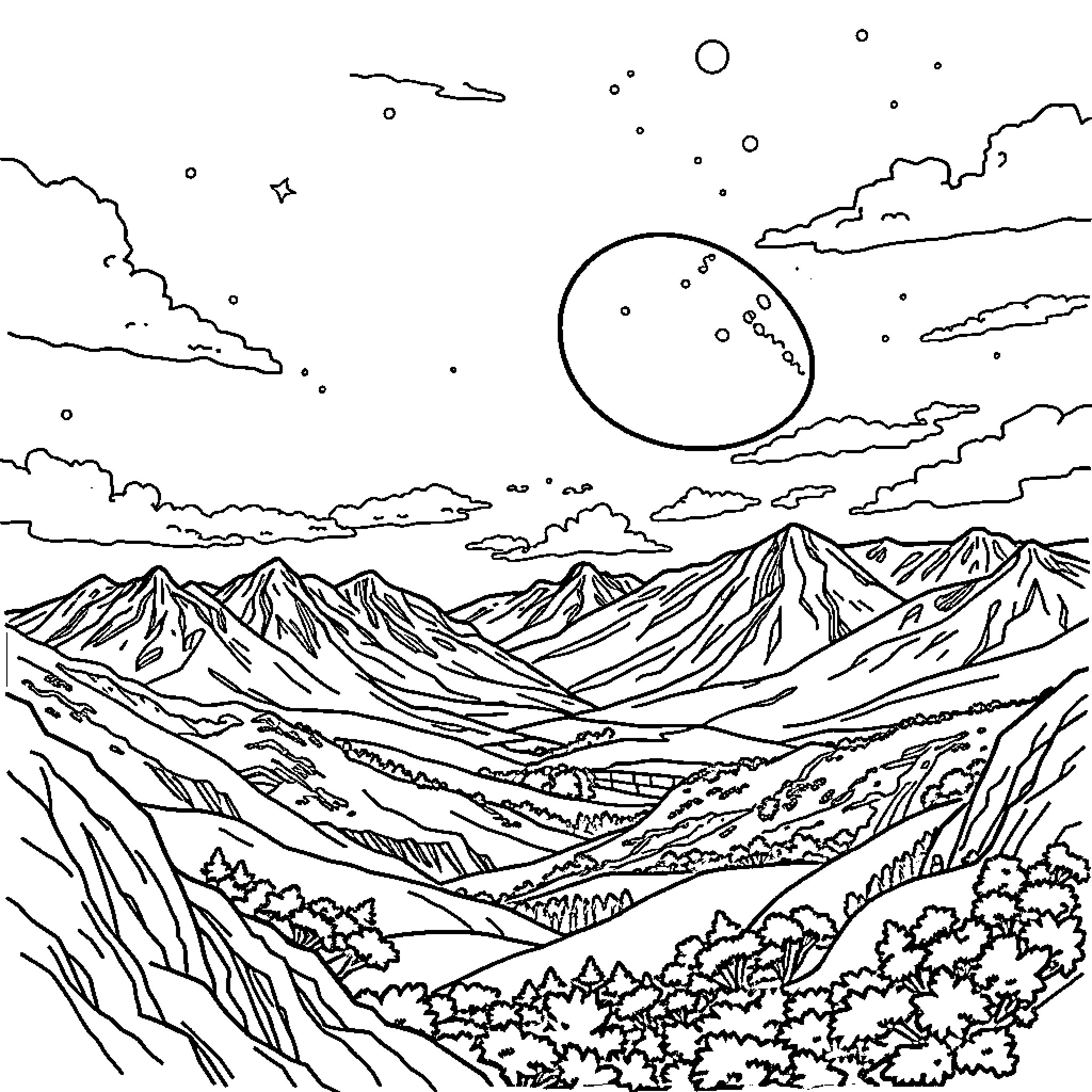 Planet in the Cosmic Mountain Landscape Coloring Page (free black-and-white line drawing printable PDF for all, from beginners to advanced learners, including children, teens, adults, and seniors)