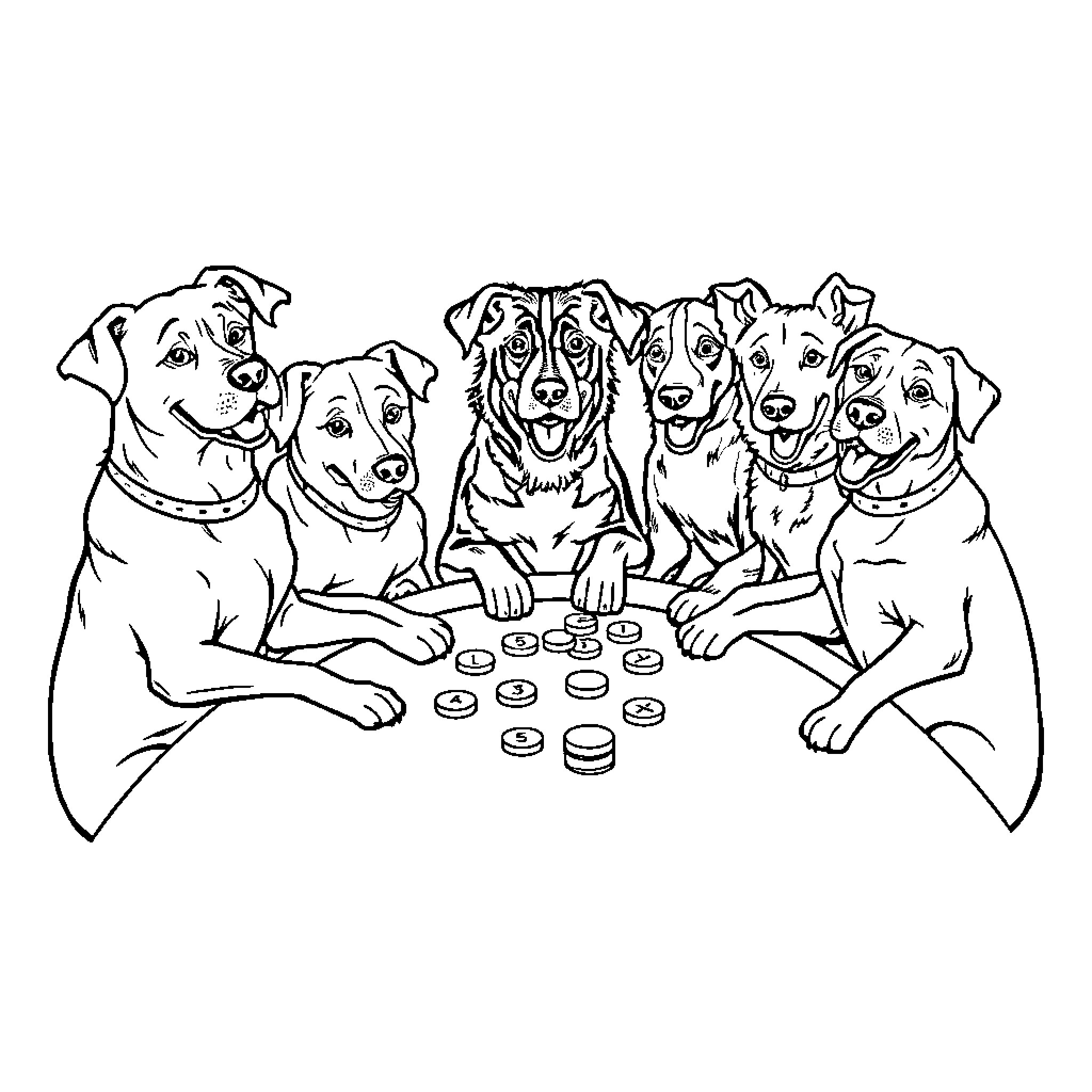 Dog friends playing checkers together Coloring Page (free black-and-white line drawing printable PDF for all, from beginners to advanced learners, including children, teens, adults, and seniors)