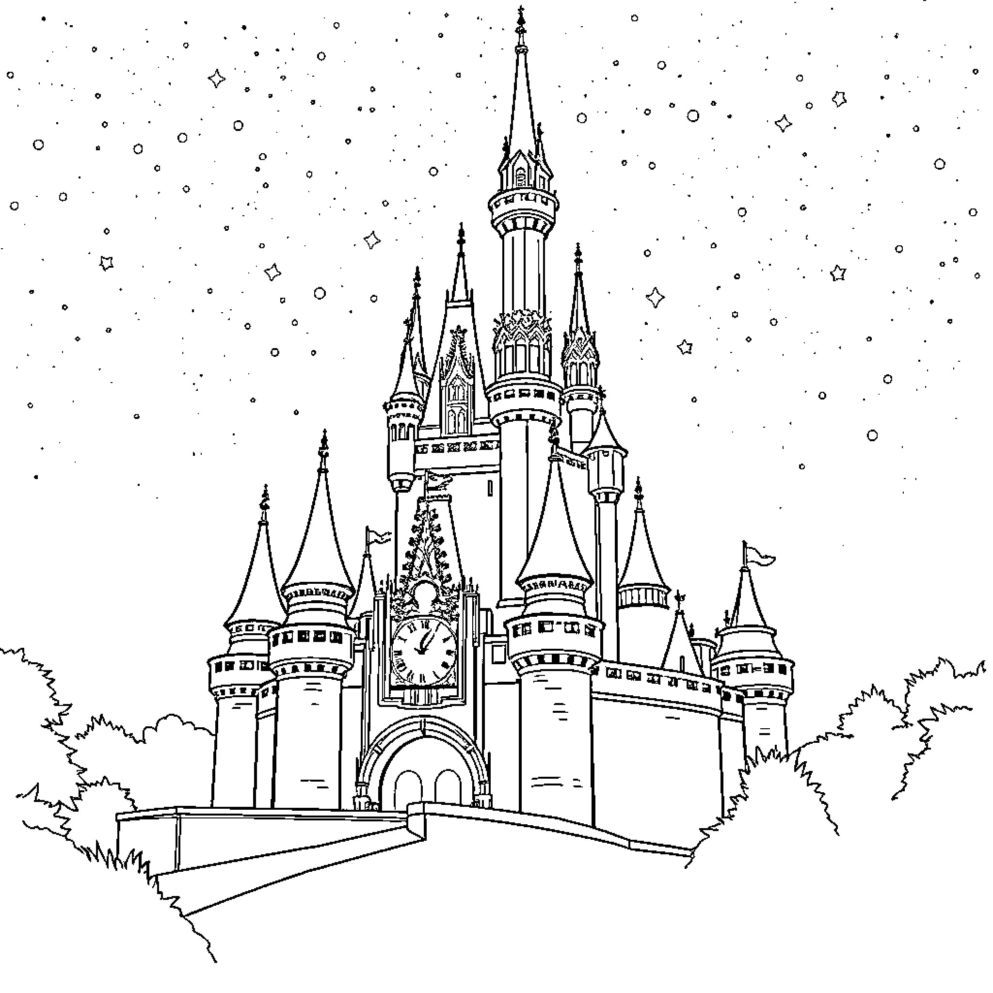 Castle of Whimsical Spires and Enchanting Details Coloring Page (free black-and-white line drawing printable PDF for all, from beginners to advanced learners, including children, teens, adults, and seniors)