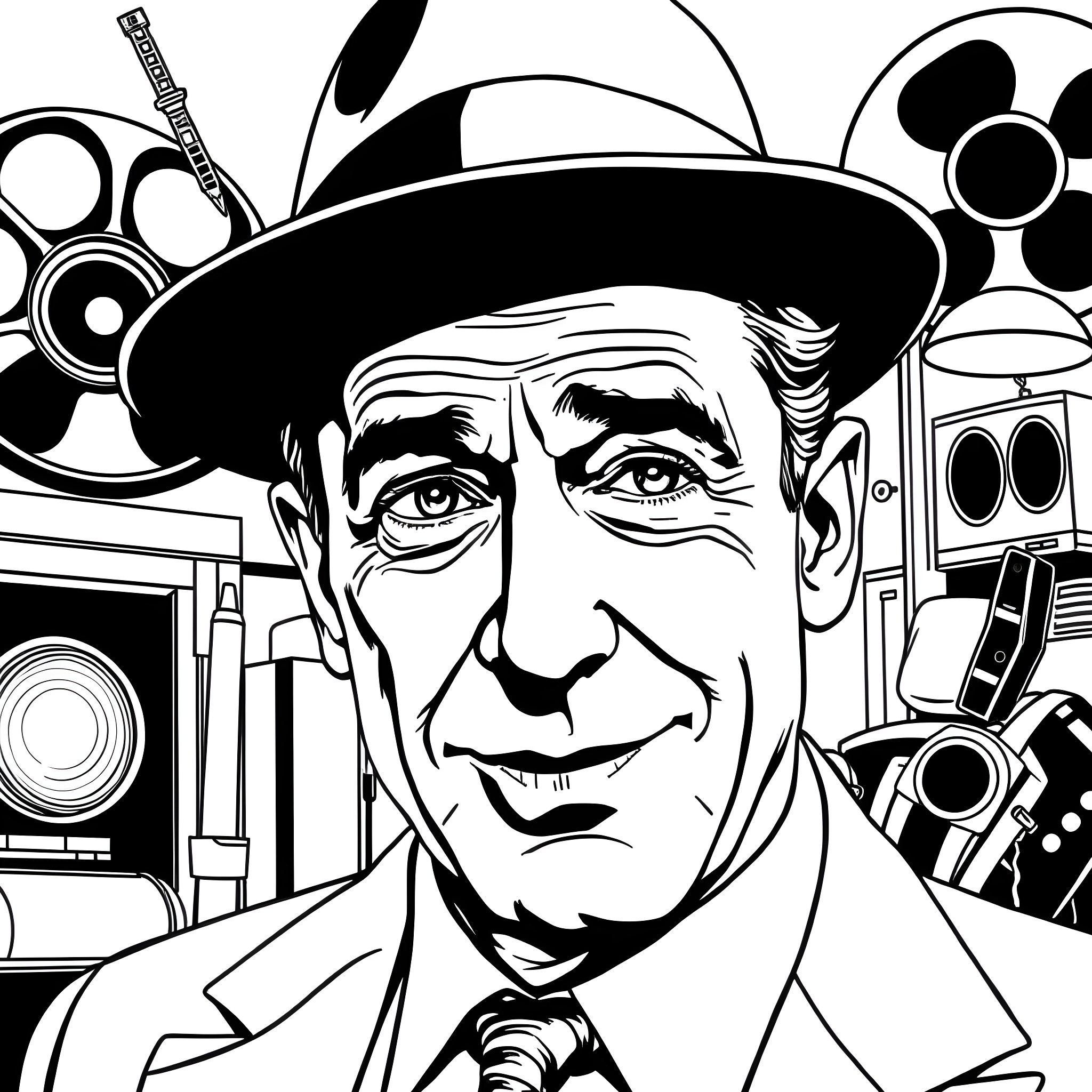 Humphrey Bogart in a cinematic setting Coloring Page (free black-and-white line drawing printable PDF for all, from beginners to advanced learners, including children, teens, adults, and seniors)
