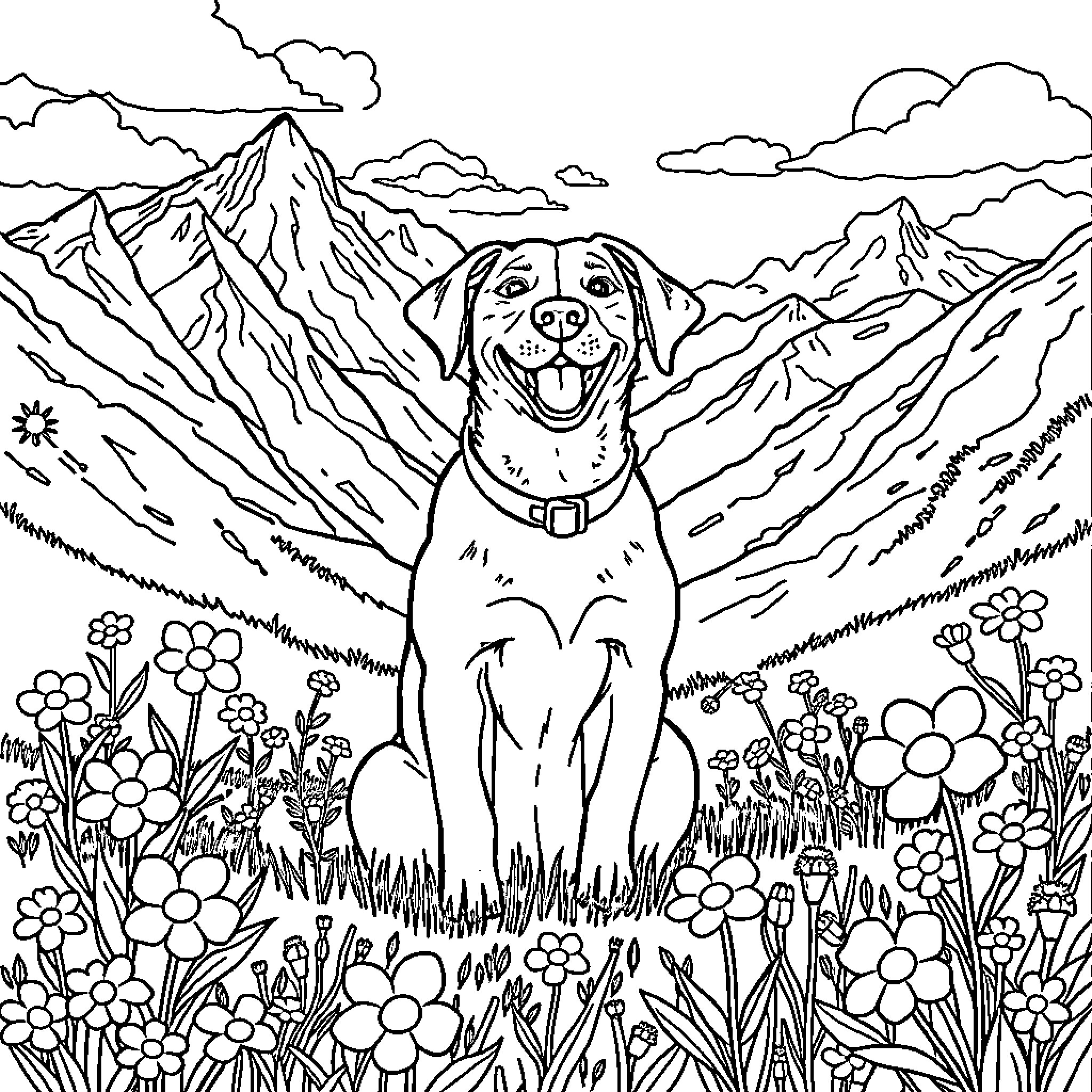 Dog enjoying nature in the mountains Coloring Page (free black-and-white line drawing printable PDF for all, from beginners to advanced learners, including children, teens, adults, and seniors)