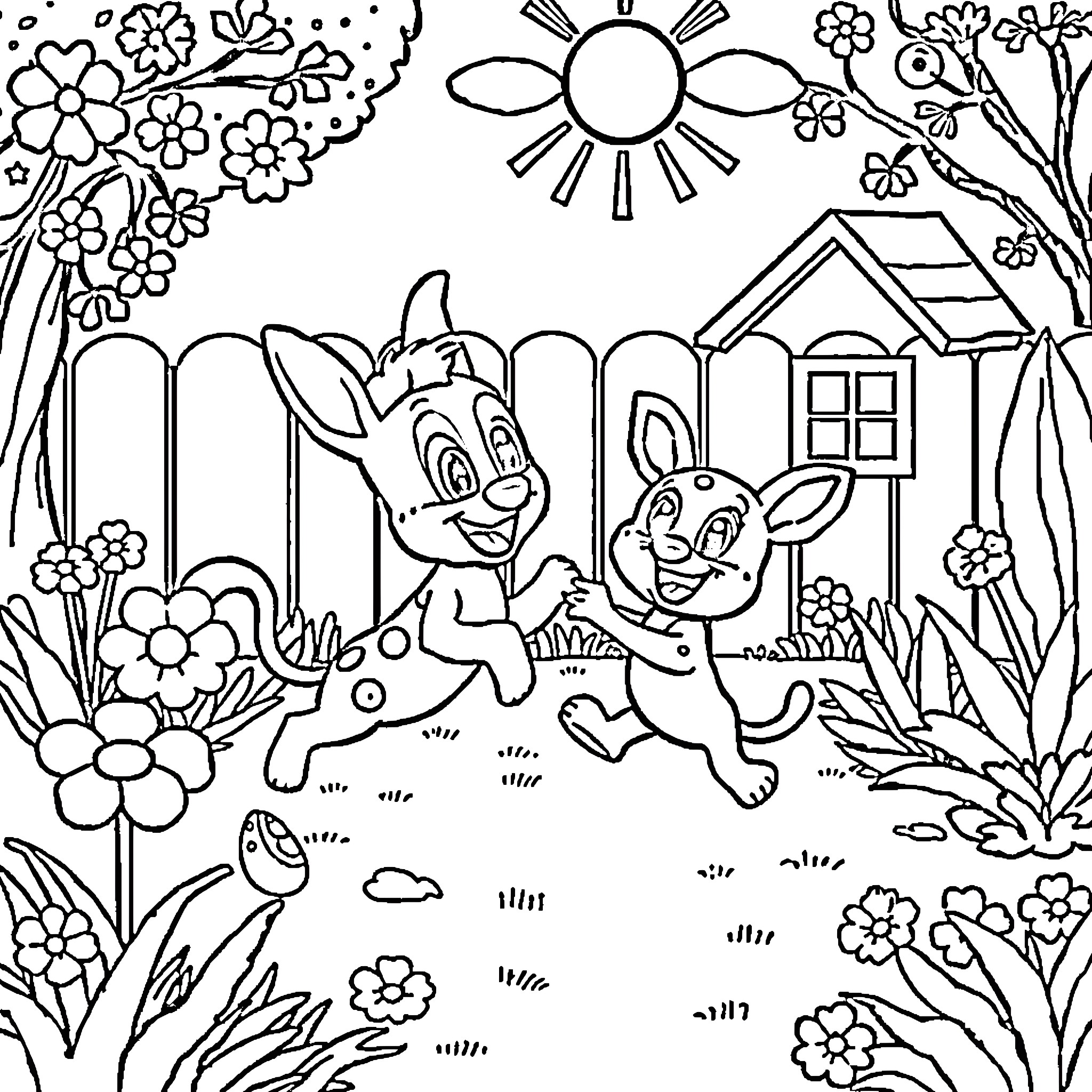 Bluey and Bingo playing in the garden Coloring Page (free black-and-white line drawing printable PDF for all, from beginners to advanced learners, including children, teens, adults, and seniors)