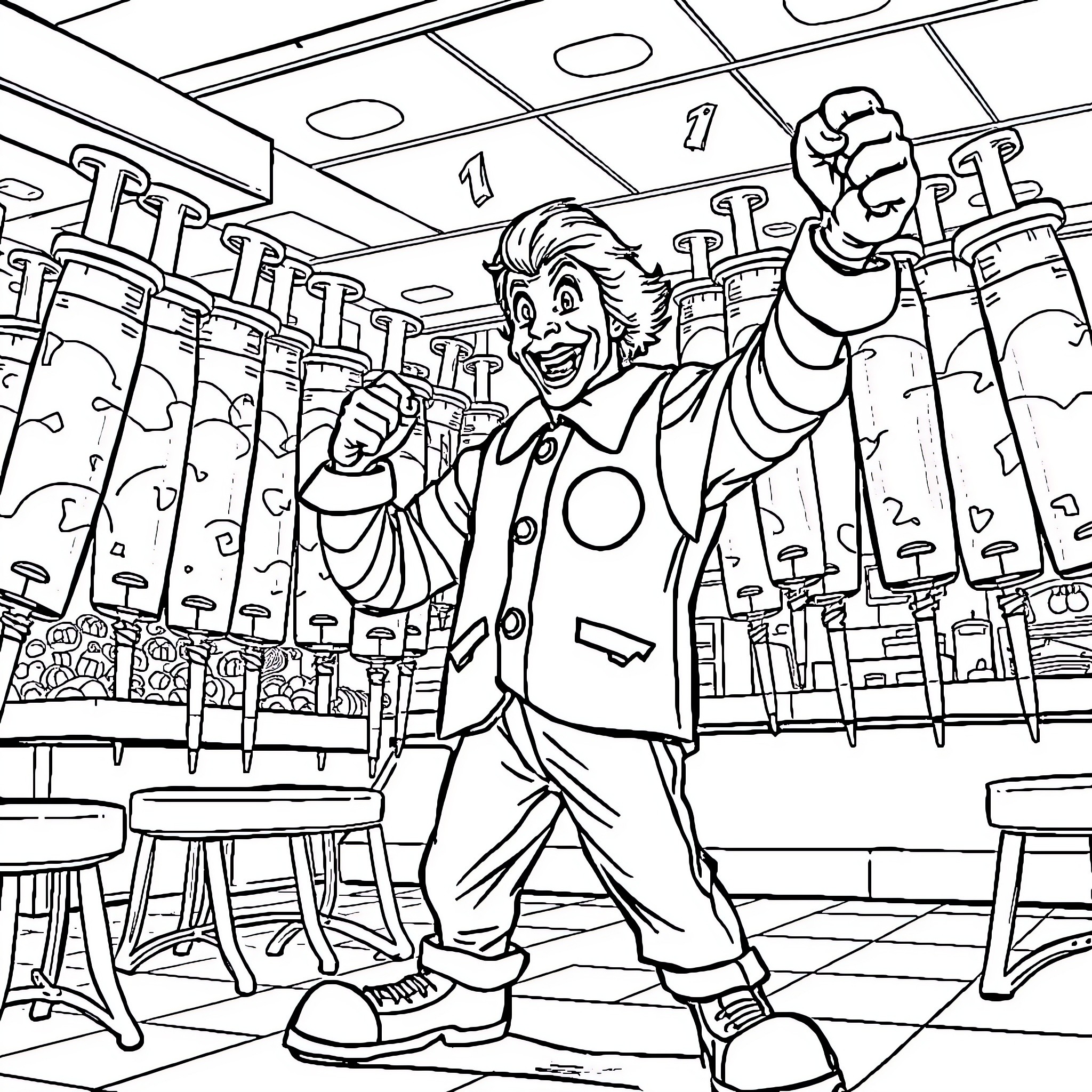Ronald McDonald Excitedly Celebrates in Cheerful Diner Setting Coloring Page (free black-and-white line drawing printable PDF for all, from beginners to advanced learners, including children, teens, adults, and seniors)