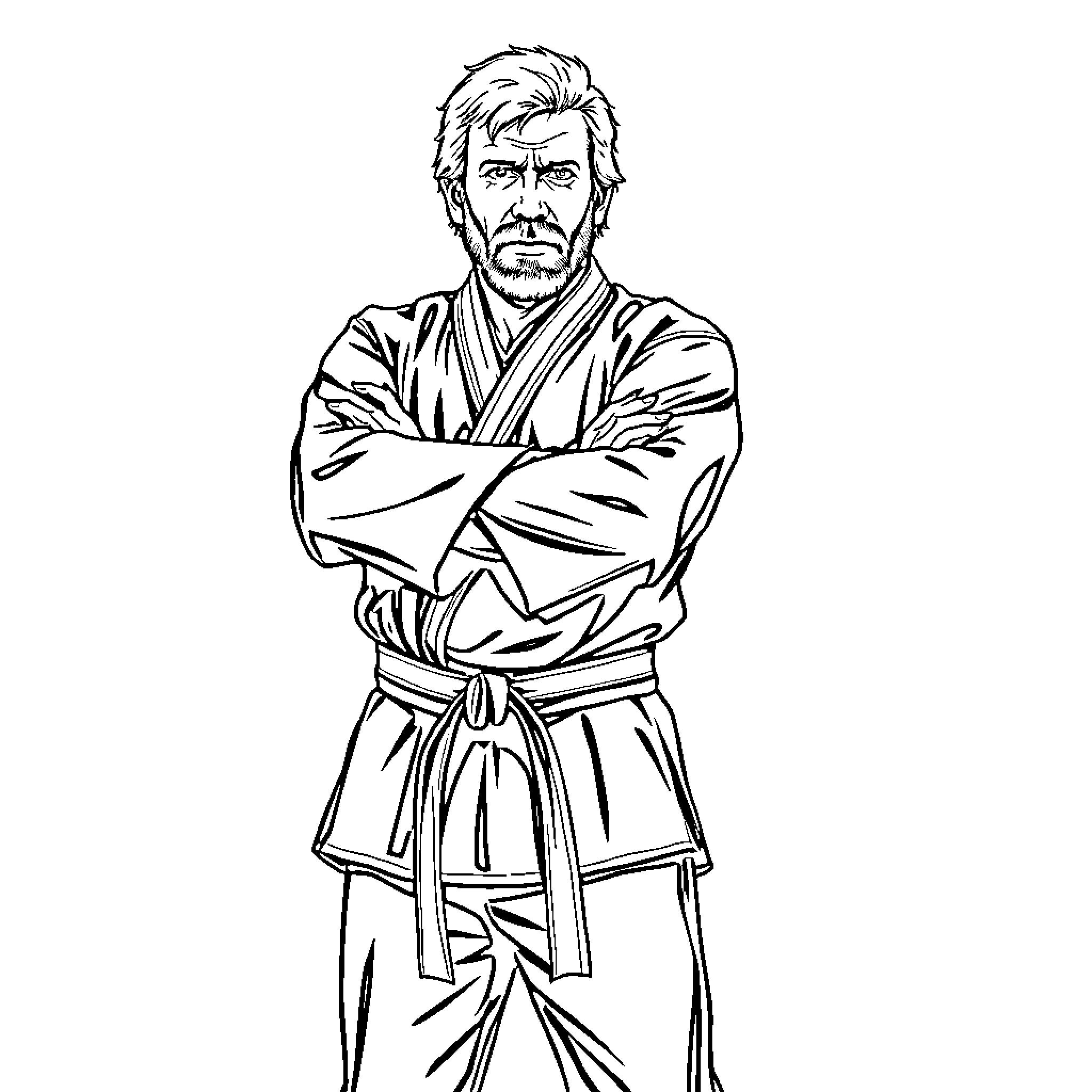 Chuck Norris as a Formidable Martial Arts Master Coloring Page (free black-and-white line drawing printable PDF for all, from beginners to advanced learners, including children, teens, adults, and seniors)