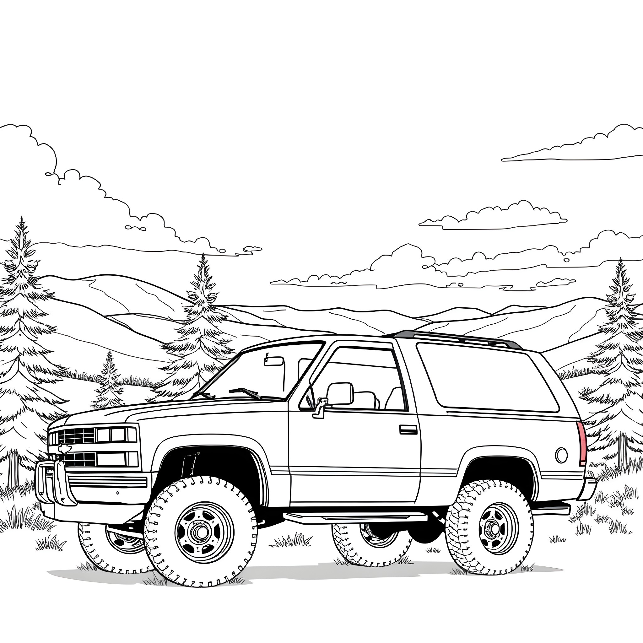 Chevy Blazer off-roading in the mountains Coloring Page (free black-and-white line drawing printable PDF for all, from beginners to advanced learners, including children, teens, adults, and seniors)