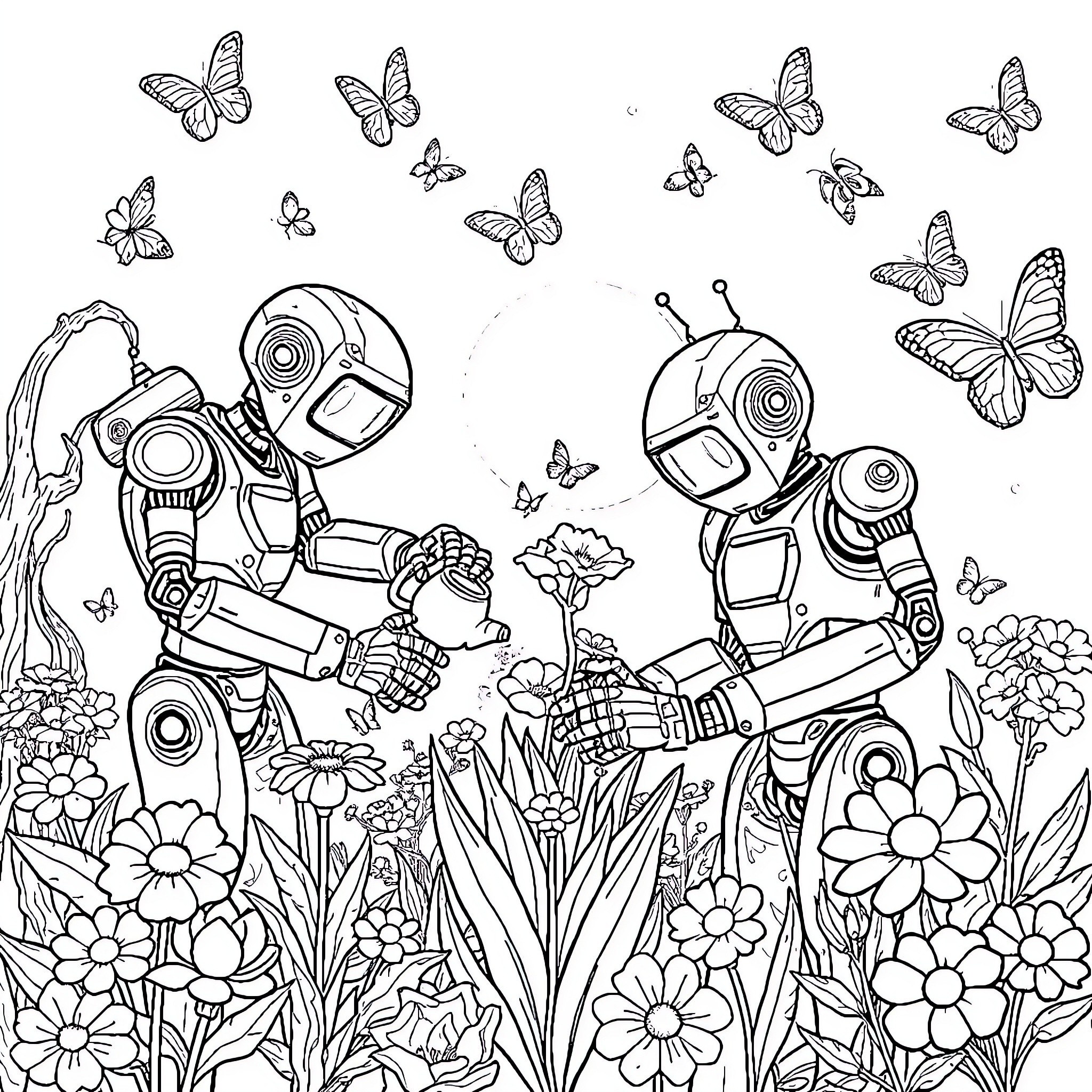 Robot Companions Exploring Lush Floral Garden Coloring Page (free black-and-white line drawing printable PDF for all, from beginners to advanced learners, including children, teens, adults, and seniors)