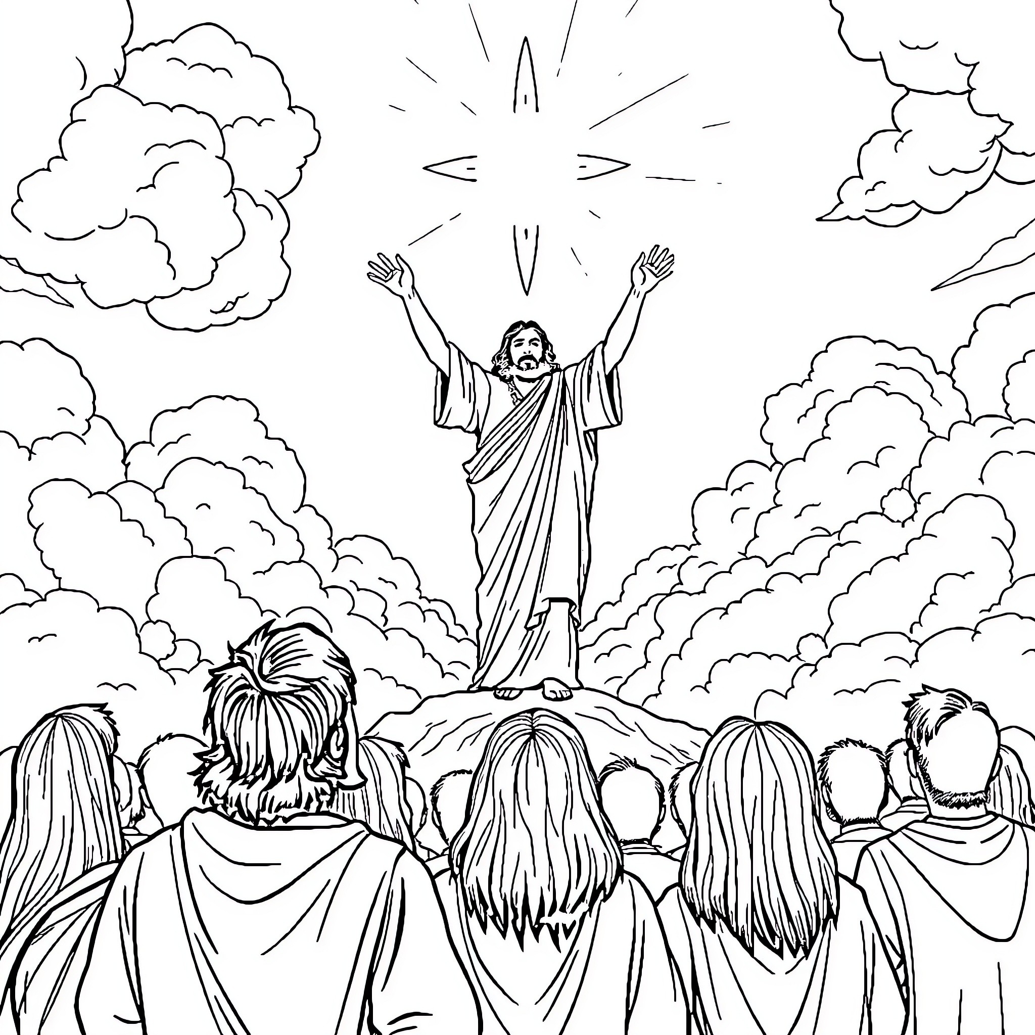 Jesus with arms raised, surrounded by worshippers Coloring Page (free black-and-white line drawing printable PDF for all, from beginners to advanced learners, including children, teens, adults, and seniors)