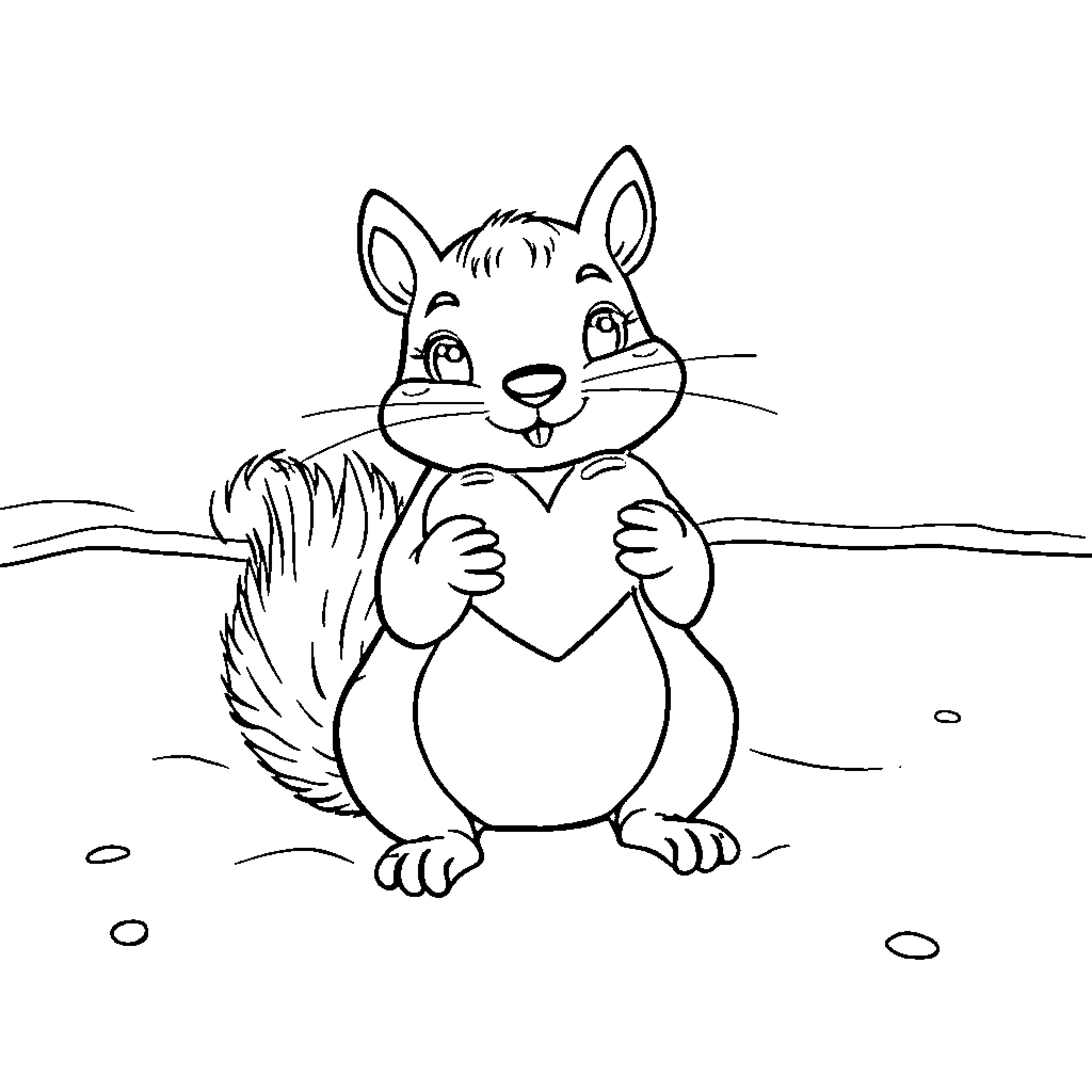 Squirrel holding a heart-shaped object Coloring Page (free black-and-white line drawing printable PDF for all, from beginners to advanced learners, including children, teens, adults, and seniors)