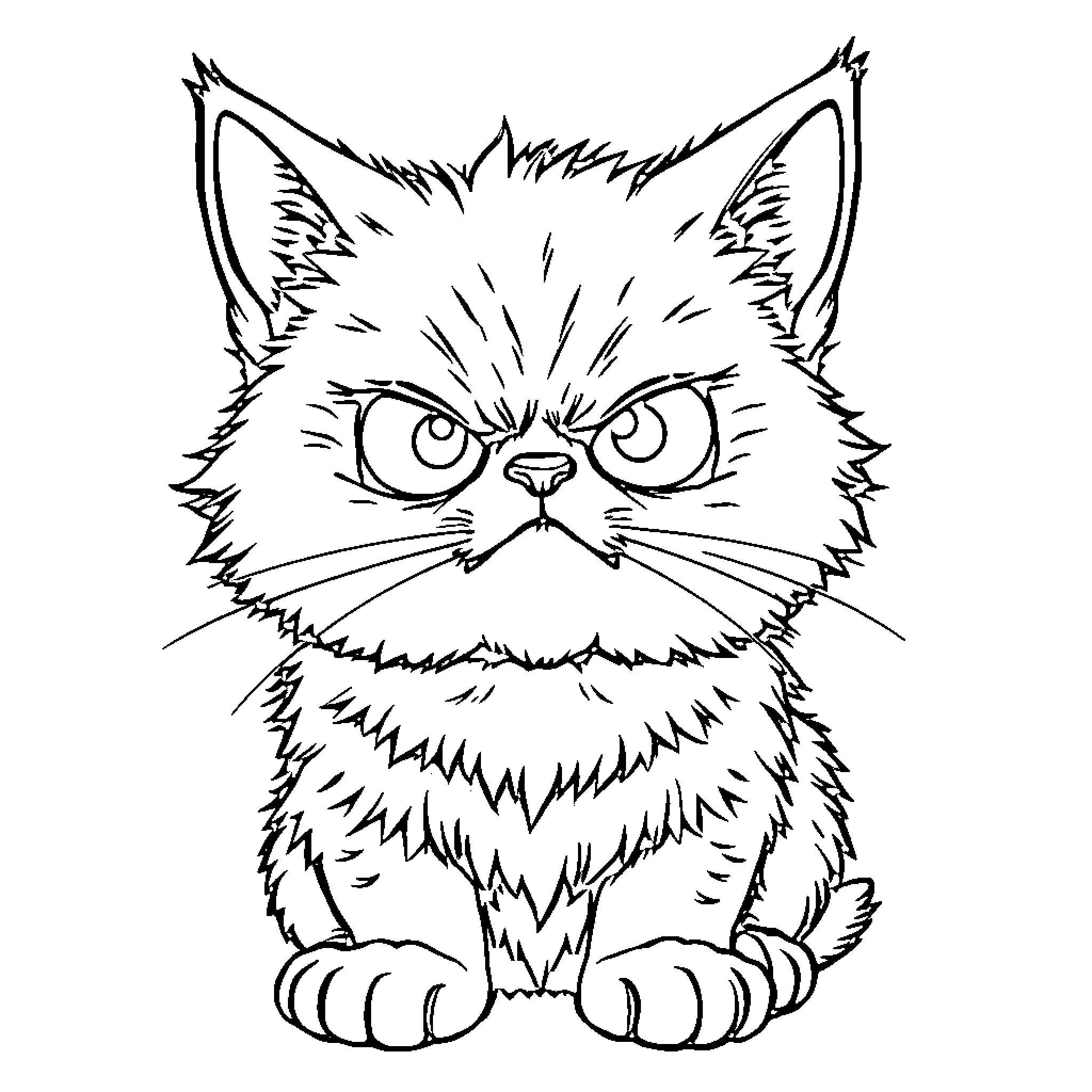 Cat with angry expression Coloring Page (free black-and-white line drawing printable PDF for all, from beginners to advanced learners, including children, teens, adults, and seniors)
