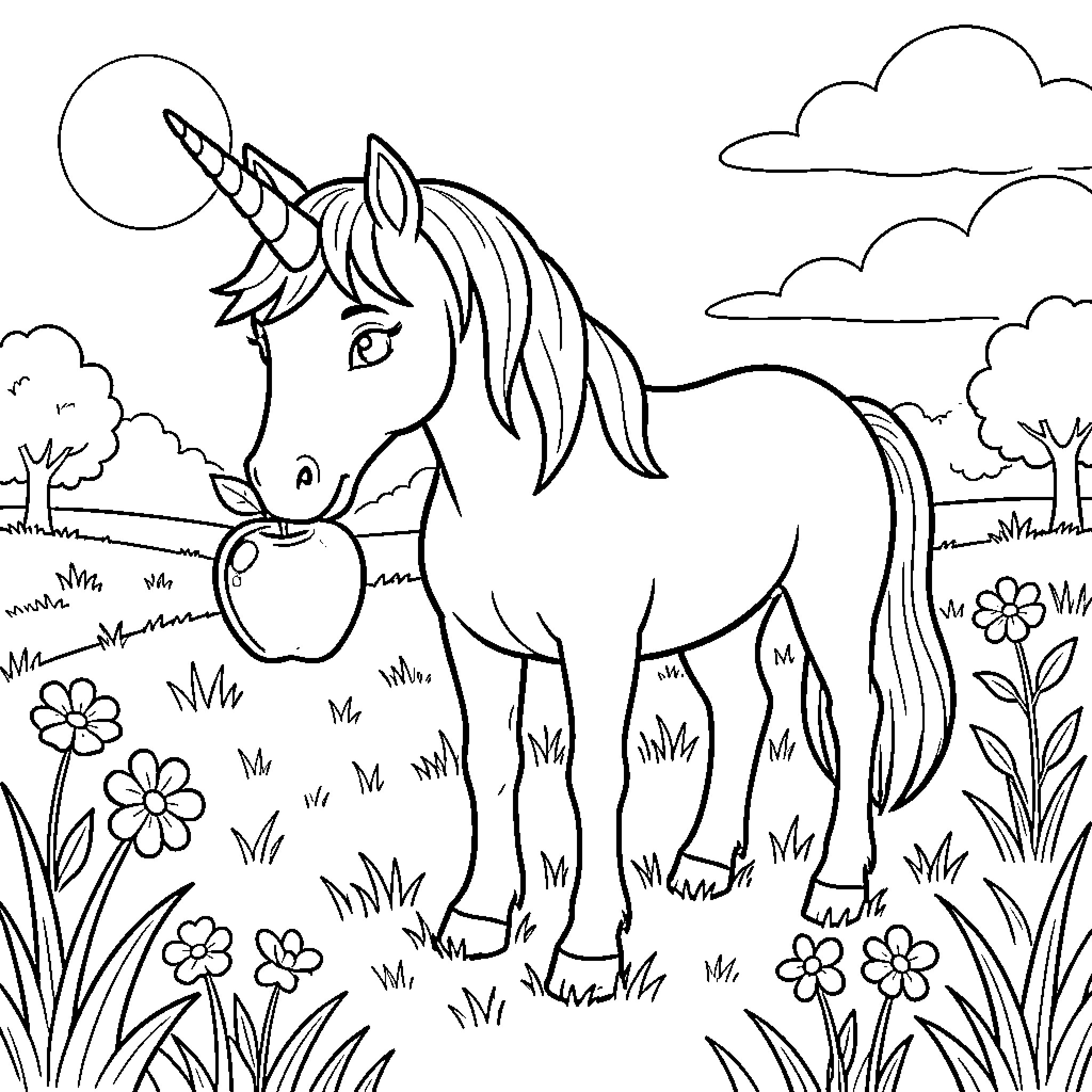 Unicorn standing in a meadow eating an apple Coloring Page (free black-and-white line drawing printable PDF for all, from beginners to advanced learners, including children, teens, adults, and seniors)