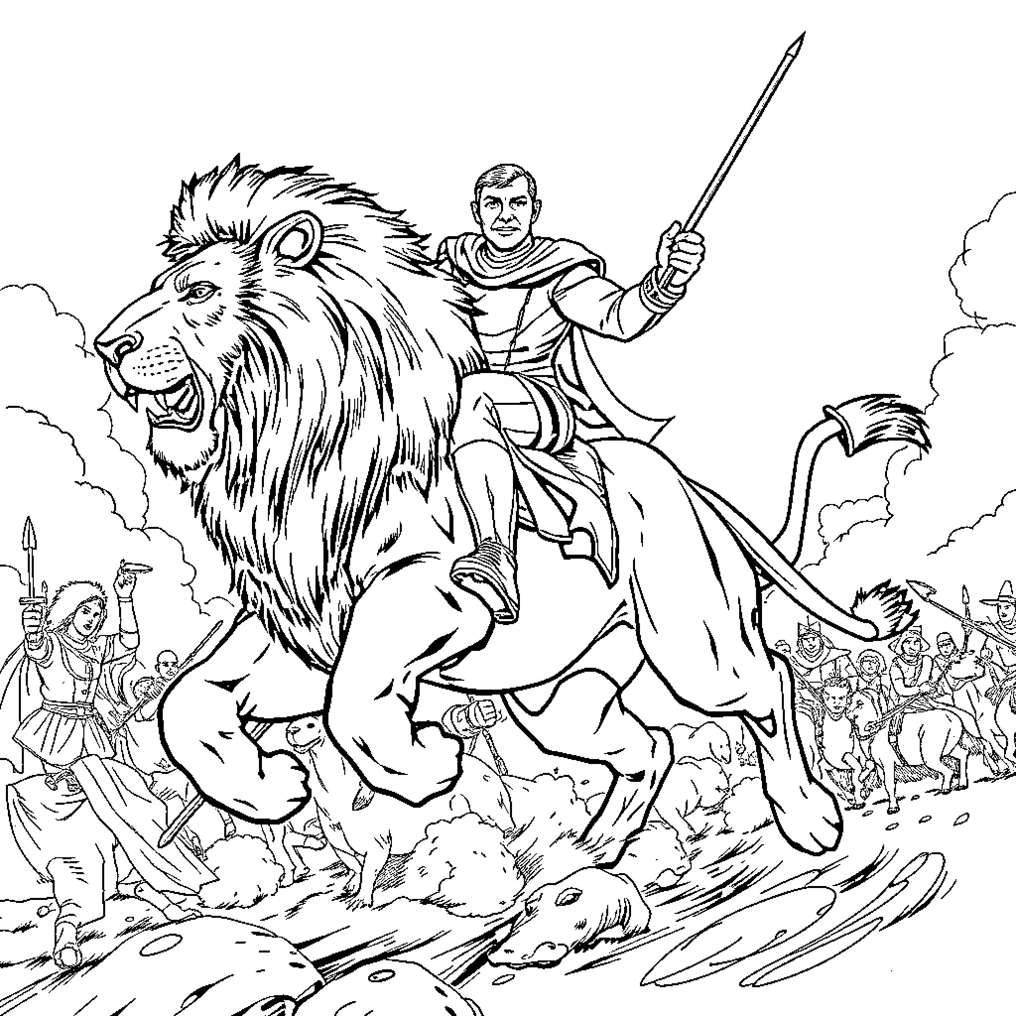 Jean Luc Picard riding a mighty lion into battle Coloring Page (free black-and-white line drawing printable PDF for all, from beginners to advanced learners, including children, teens, adults, and seniors)
