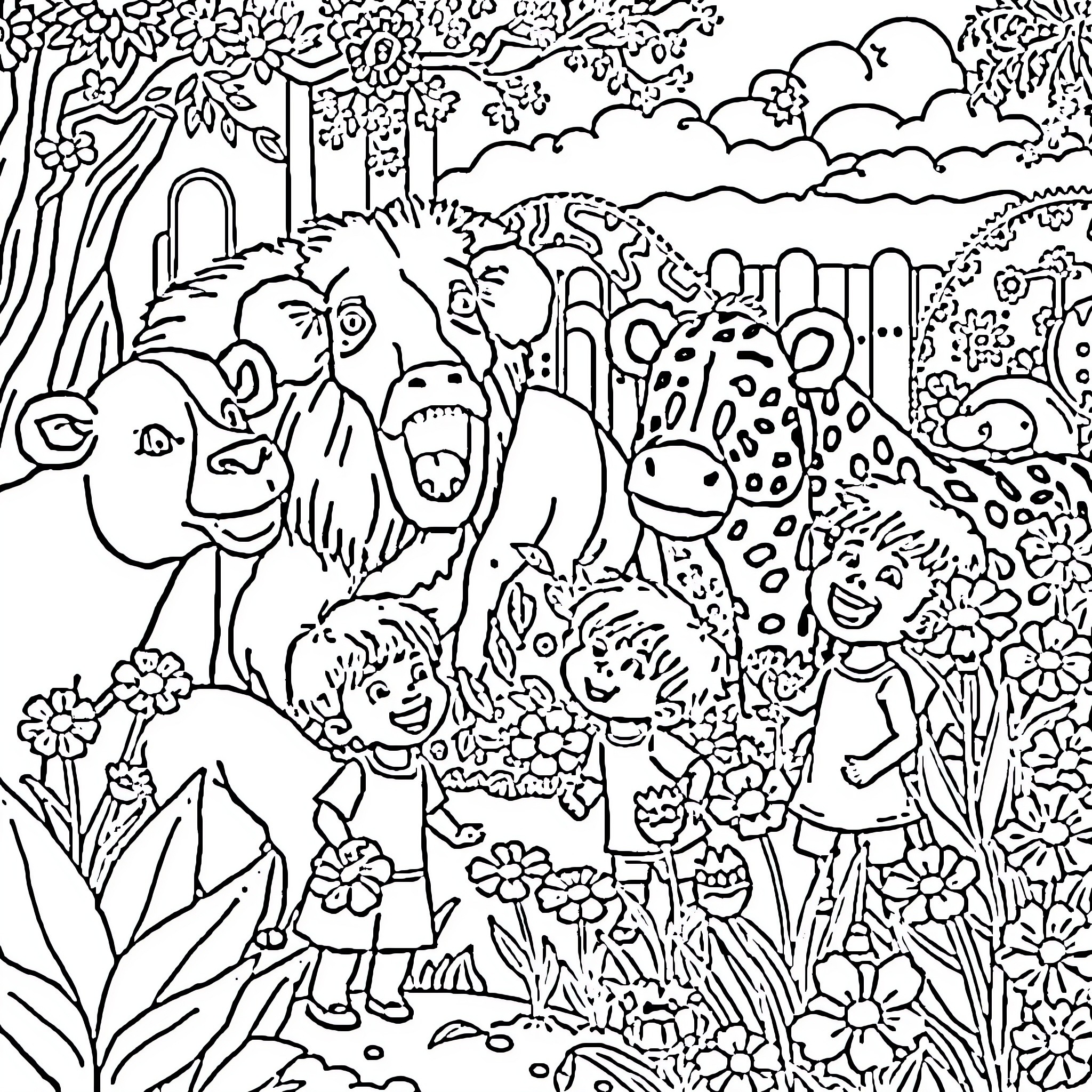 Animal friends in the enchanted forest Coloring Page (free black-and-white line drawing printable PDF for all, from beginners to advanced learners, including children, teens, adults, and seniors)