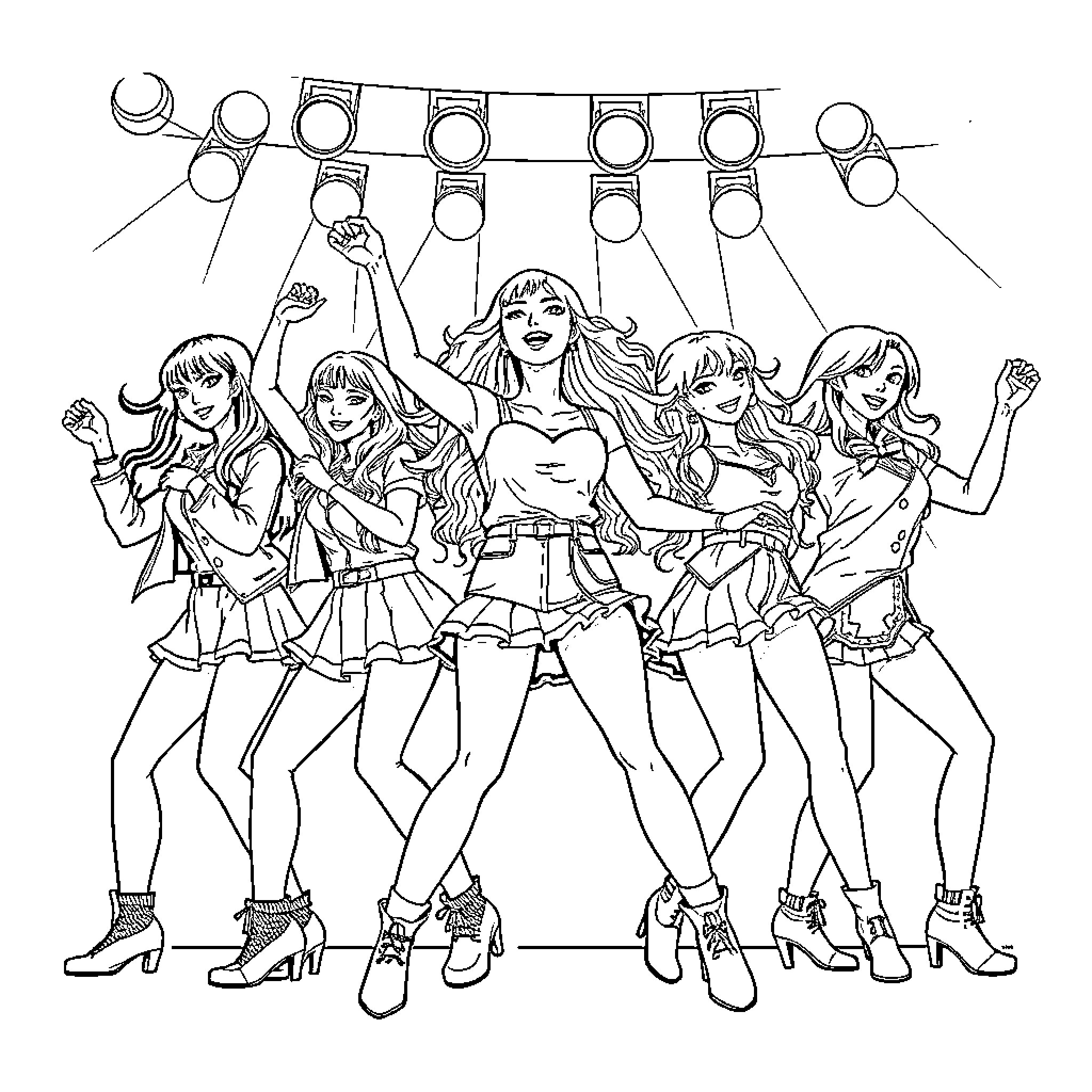 K Pop Warrior Divas Performing On Stage Coloring Page (free black-and-white line drawing printable PDF for all, from beginners to advanced learners, including children, teens, adults, and seniors)