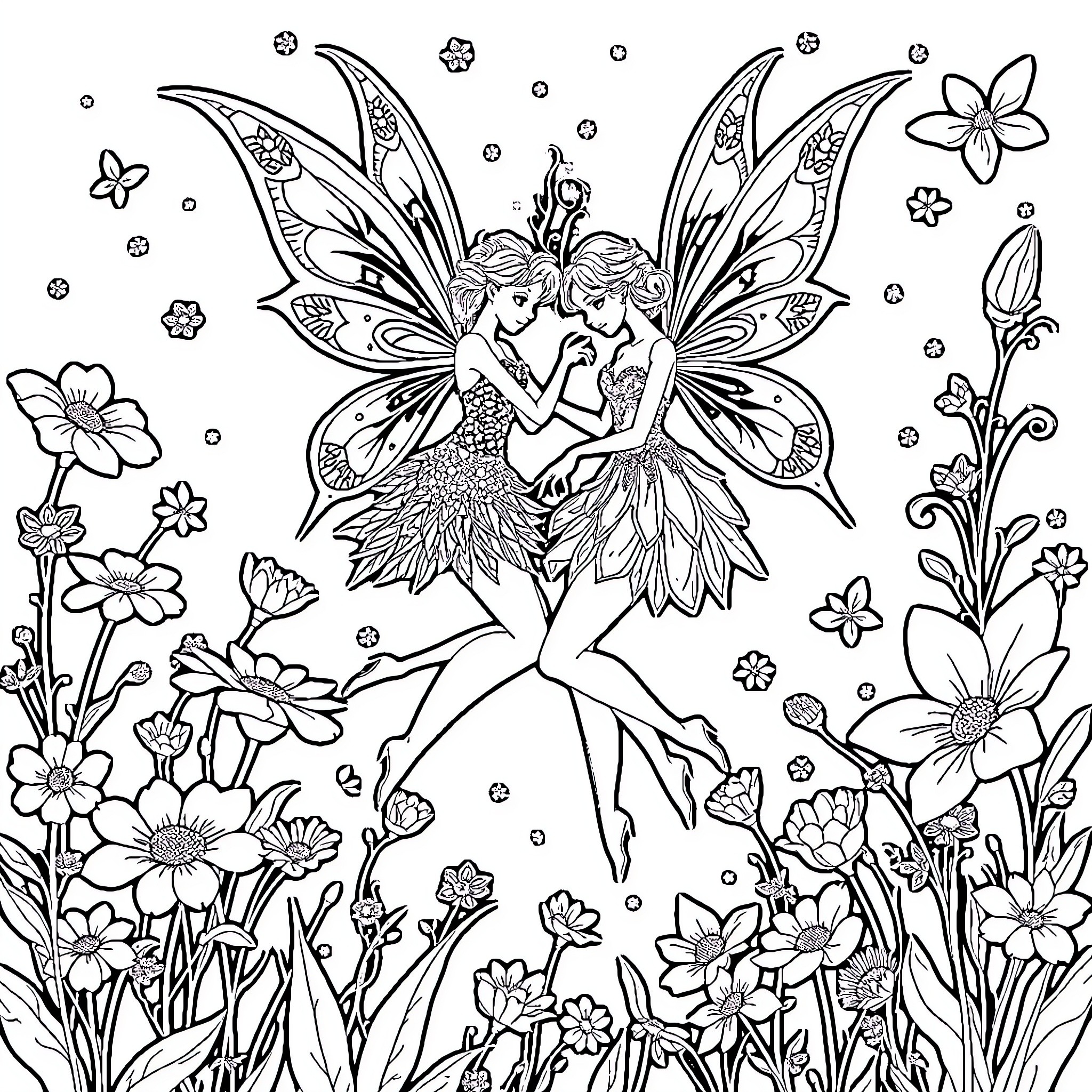Fairy Princesses Embracing in Floral Fantasy Coloring Page (free black-and-white line drawing printable PDF for all, from beginners to advanced learners, including children, teens, adults, and seniors)