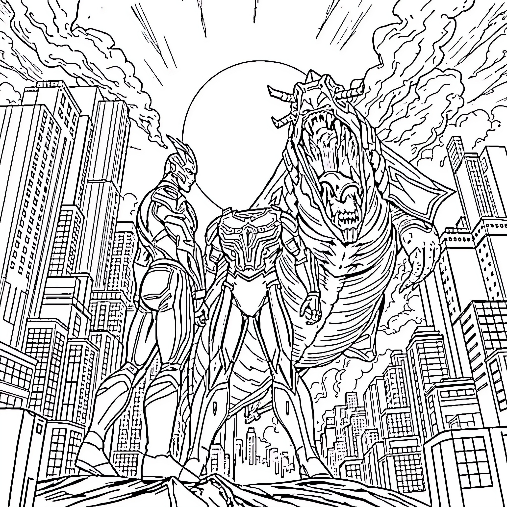 Ultraman battles monstrous villain in cityscape Coloring Page (free black-and-white line drawing printable PDF for all, from beginners to advanced learners, including children, teens, adults, and seniors)