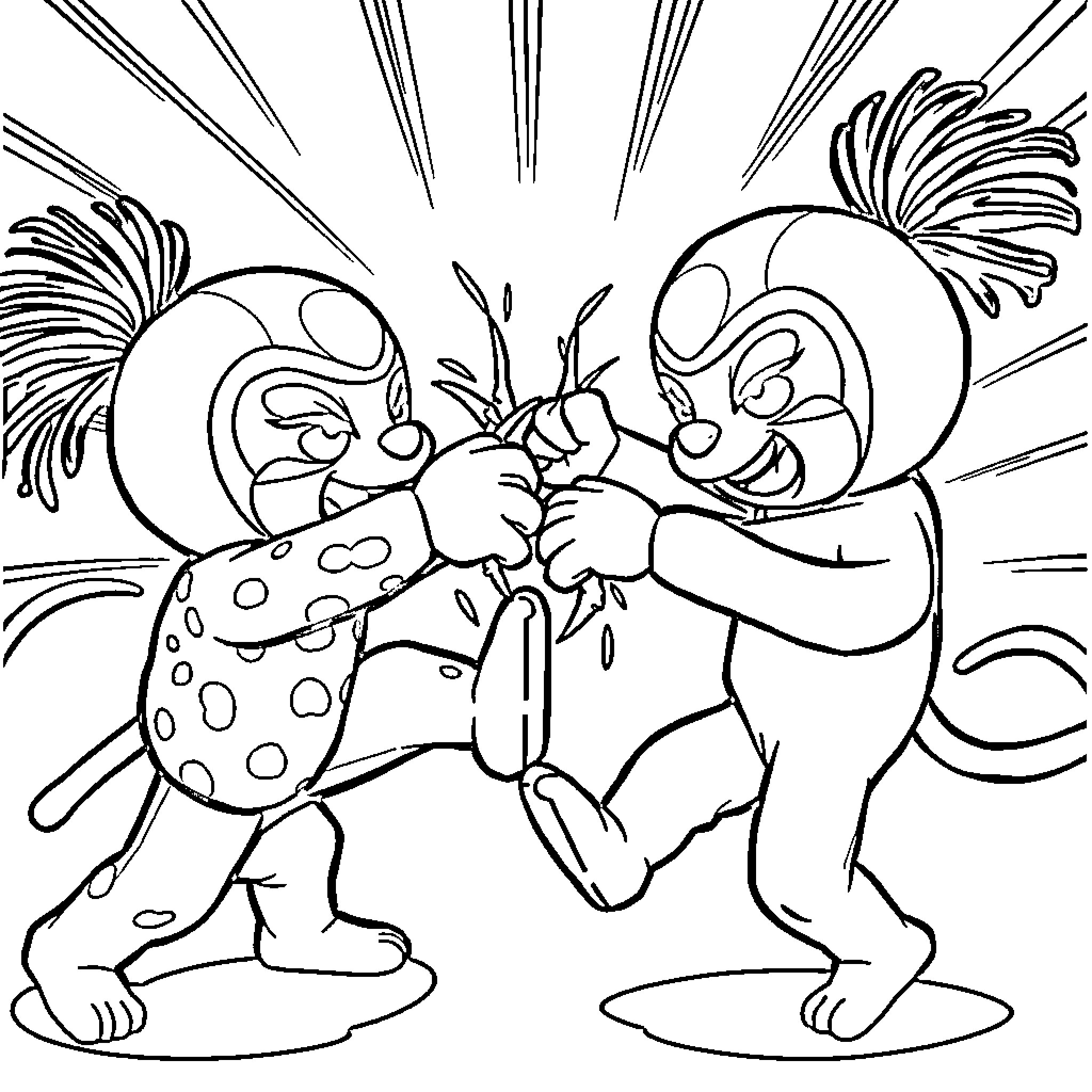 Labubu - Cartoon Characters Fighting Playfully Coloring Page (free black-and-white line drawing printable PDF for all, from beginners to advanced learners, including children, teens, adults, and seniors)